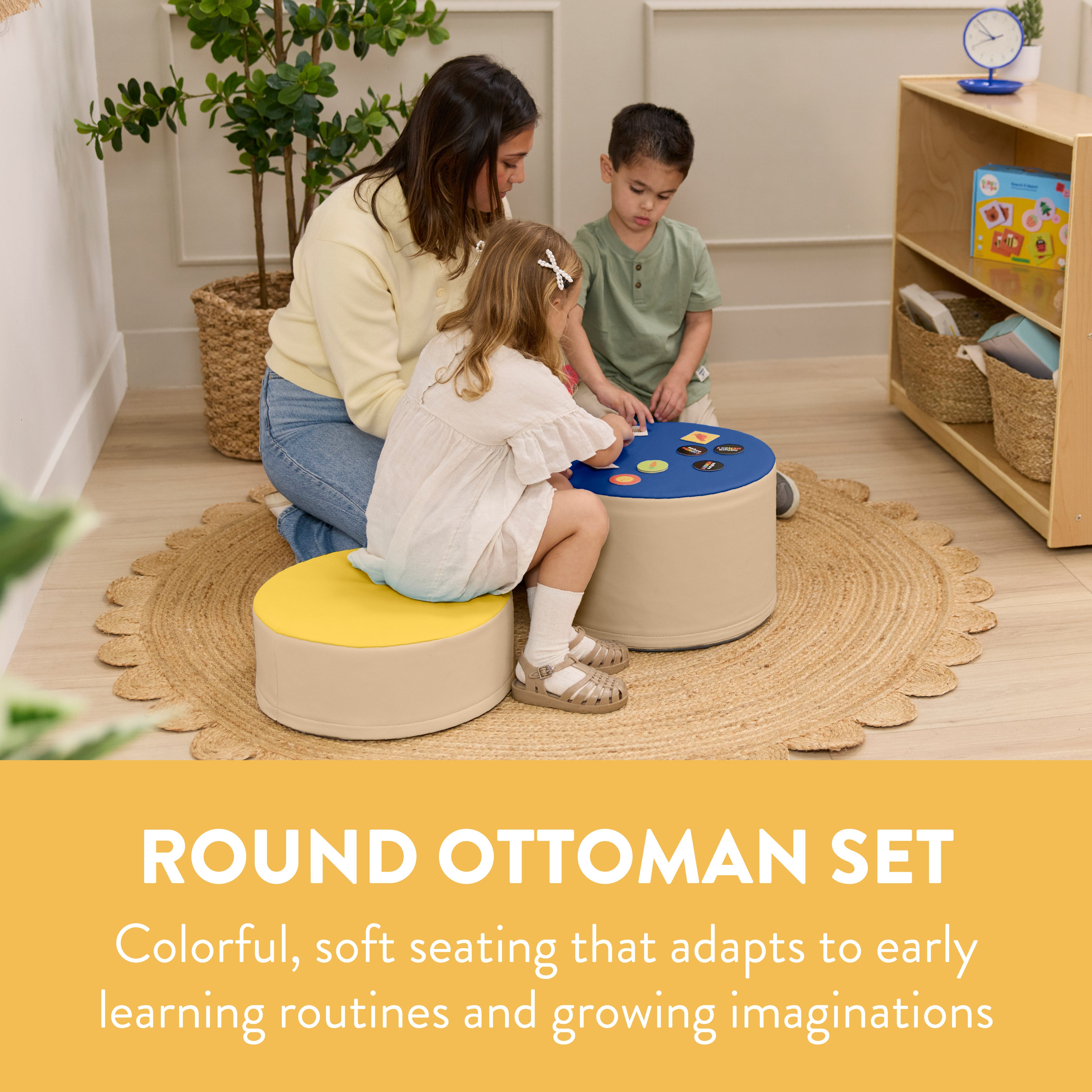 Round Two-Tone Ottomans, 3-Piece
