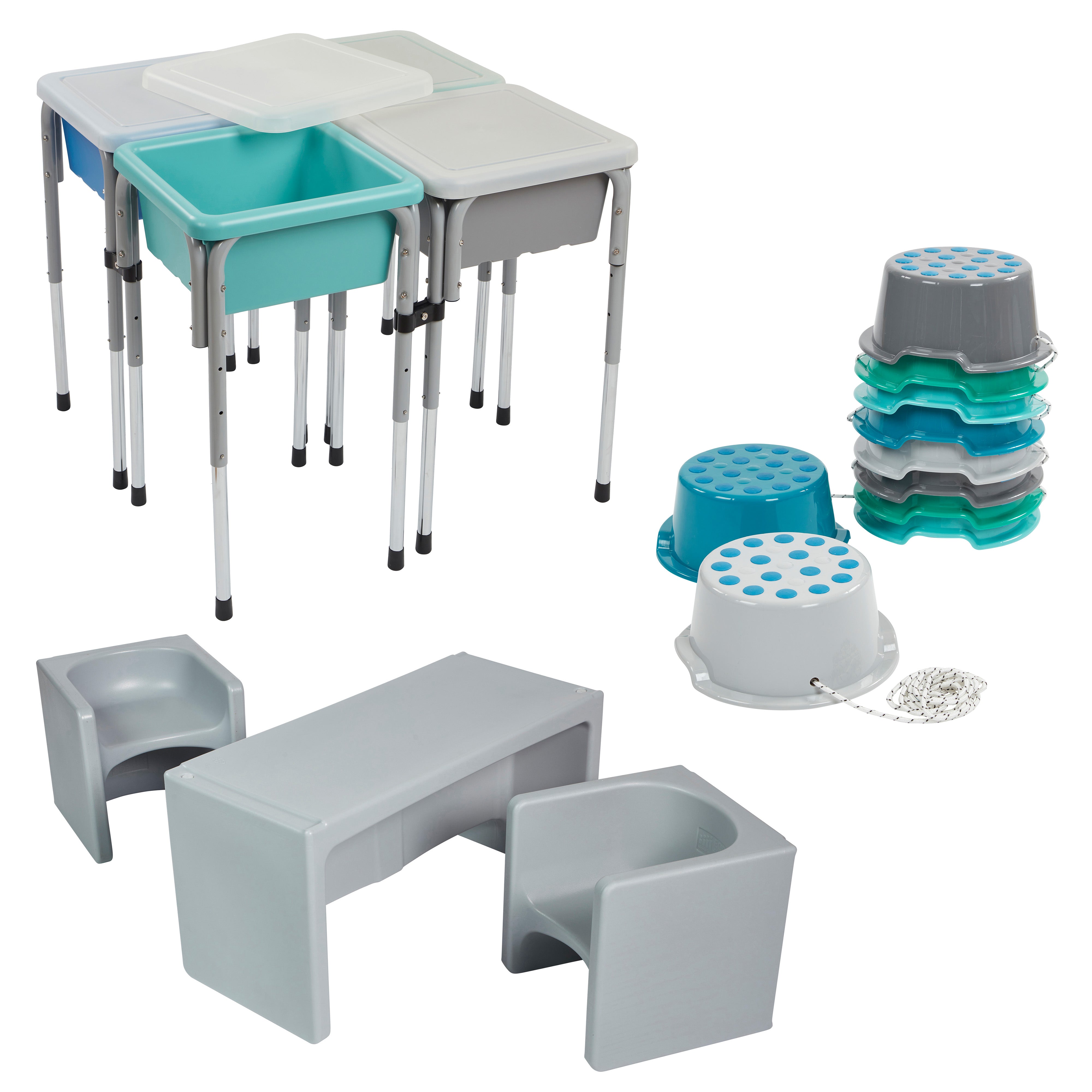 Preschool Outdoor Learning and Play Package with Sand and Water Table, Table and Chairs and Stepping Buckets