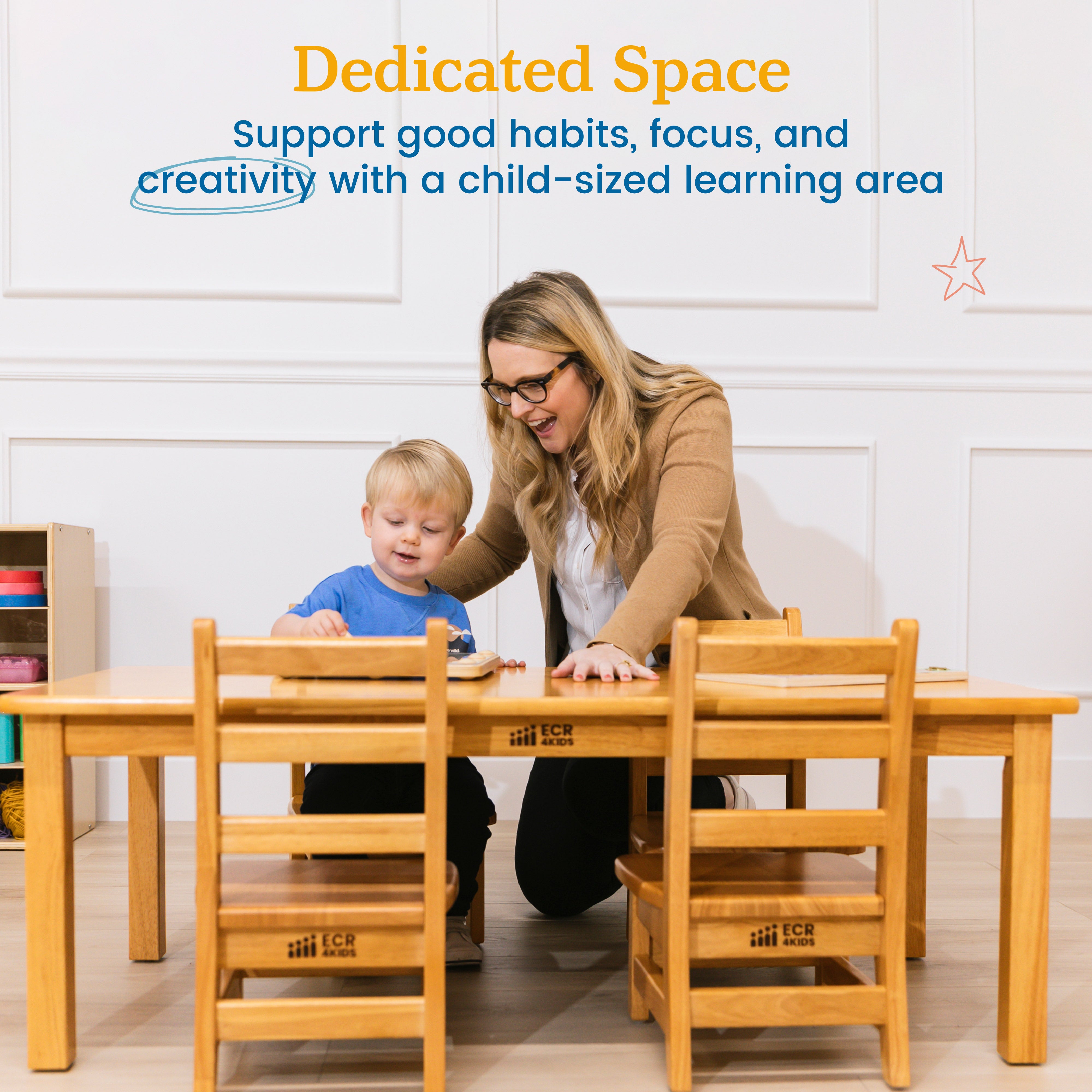 Toddler Classroom Essentials Package with Hardwood Table and Four Chairs, 8in Seat Height