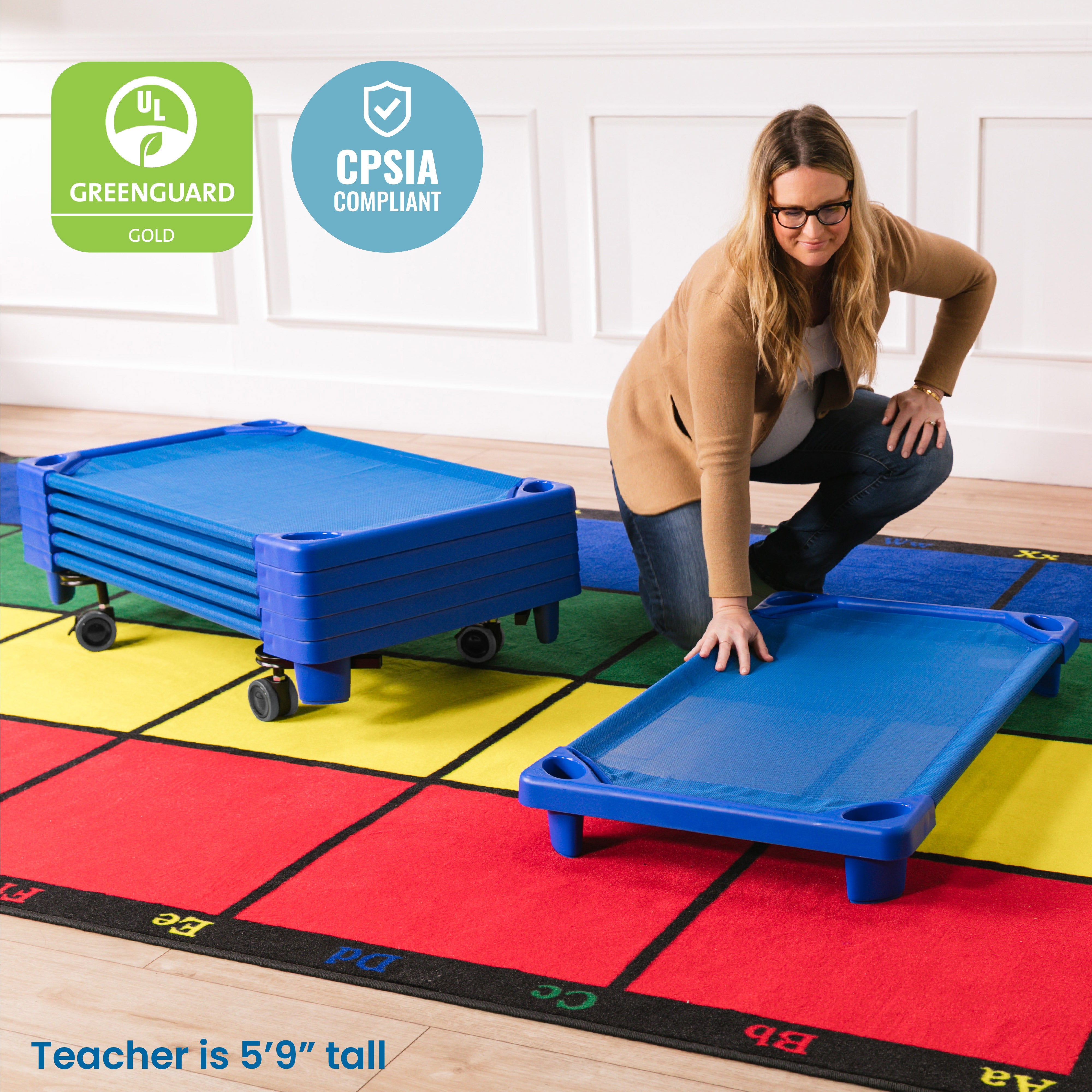Stackable Kiddie Cots with Universal Cot Trolley, Toddler Size, Ready-to-Assemble, 6-Pack
