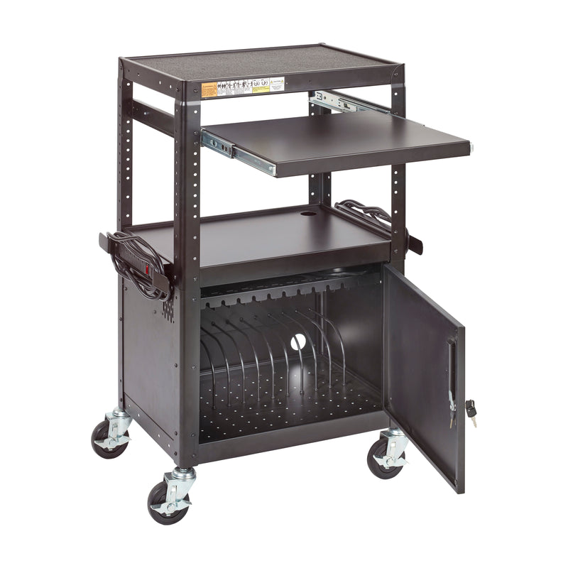 AV Presentation Stand and 12-Bay Charging Cart, Rolling Storage, Black