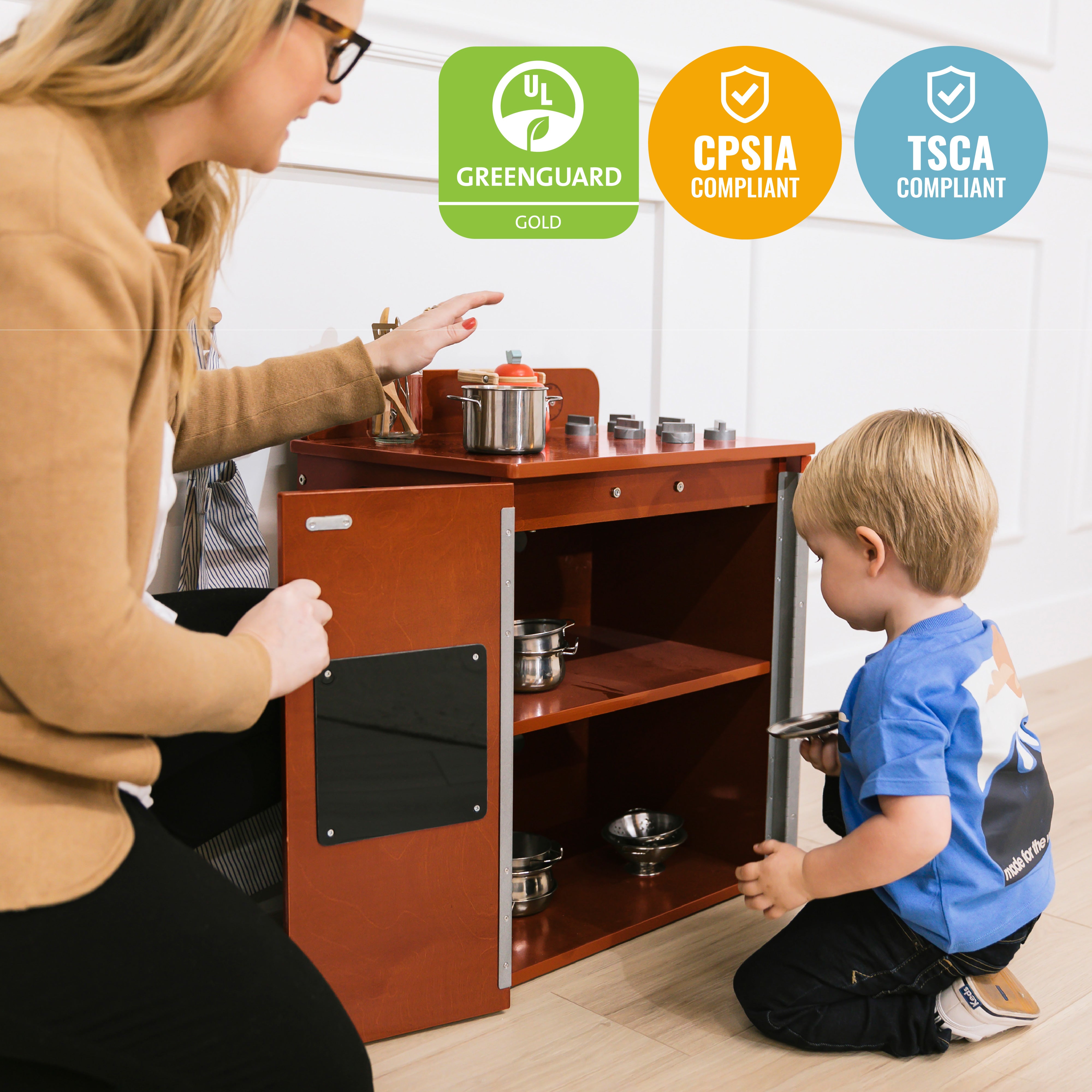 Kitchen Cupboard, Stove, Sink, and Refrigerator for Kids, Wooden, 4-Piece
