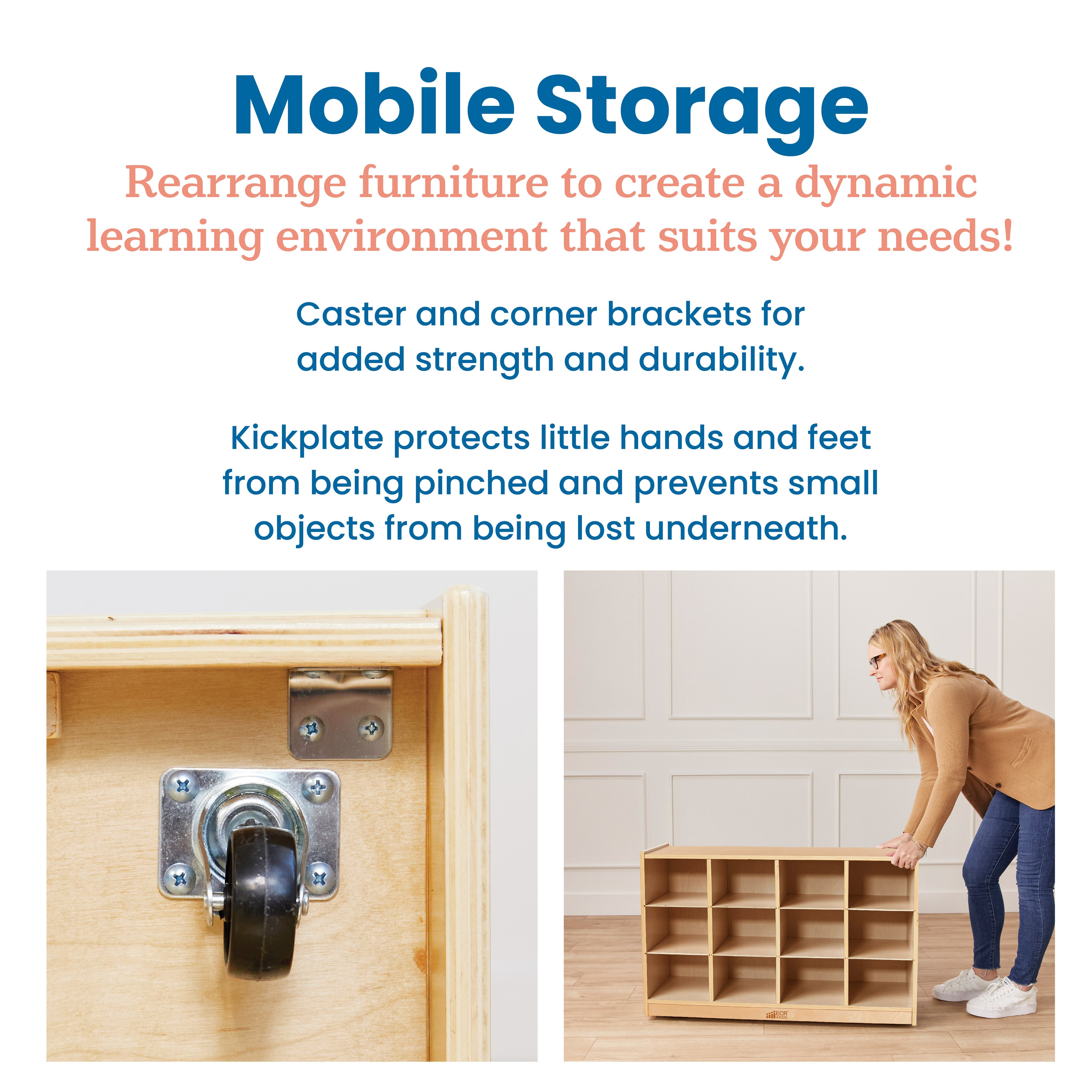 12 Cubby Mobile Tray Cabinet with 15 Scoop Front Storage Bins, 3x4, Natural