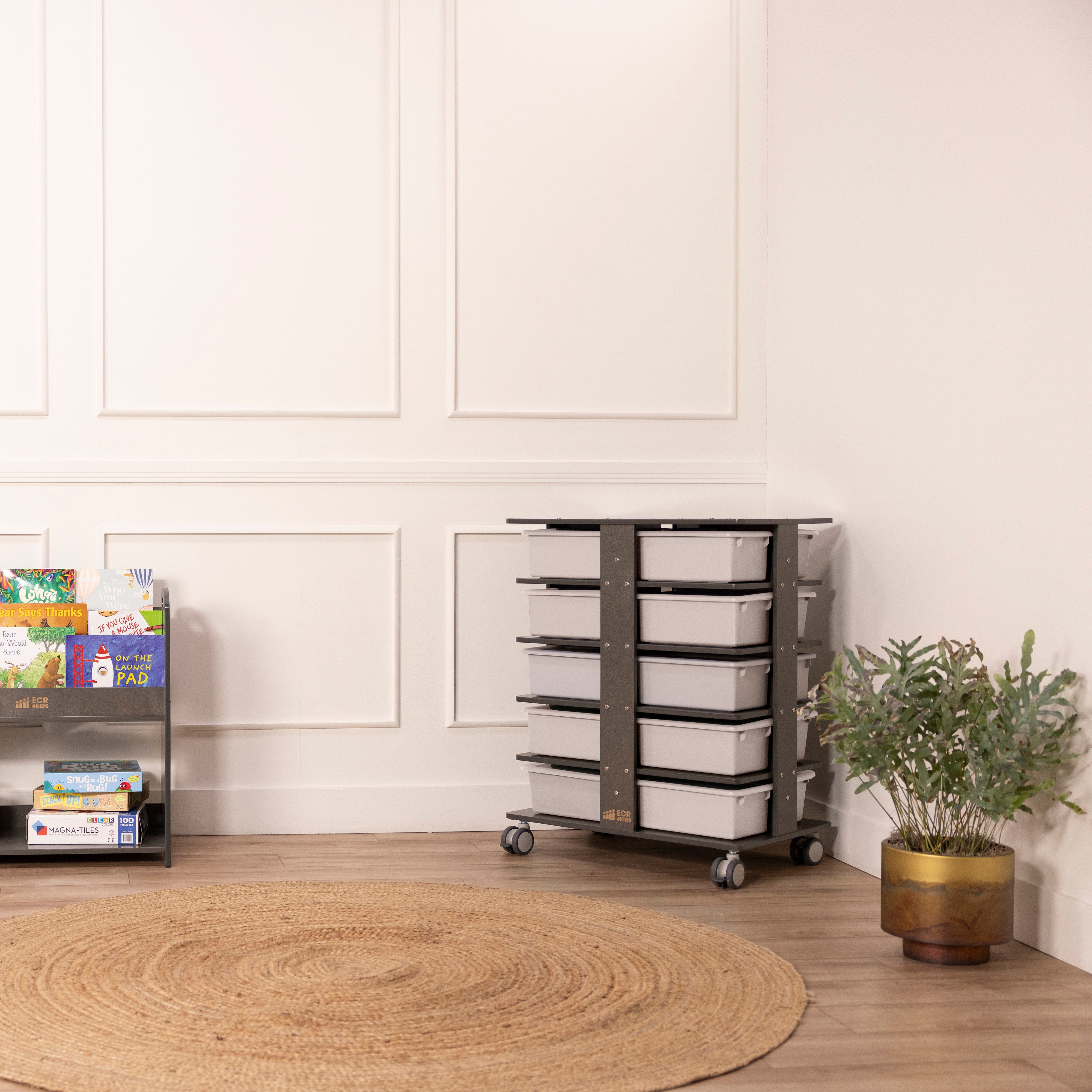 20-Compartment Mobile Storage Tower with Cubby Bins with Lids, 5x4, Grey Wash, Classroom Furniture