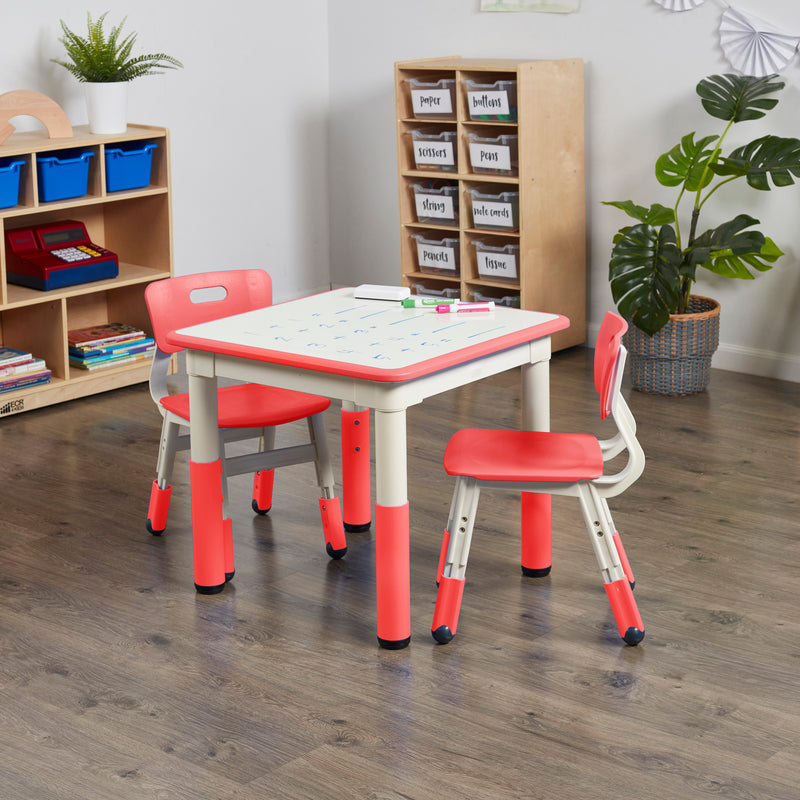 Square Dry-Erase Activity Table and 2 Adjustable Height Plastic Chairs, 3-Piece