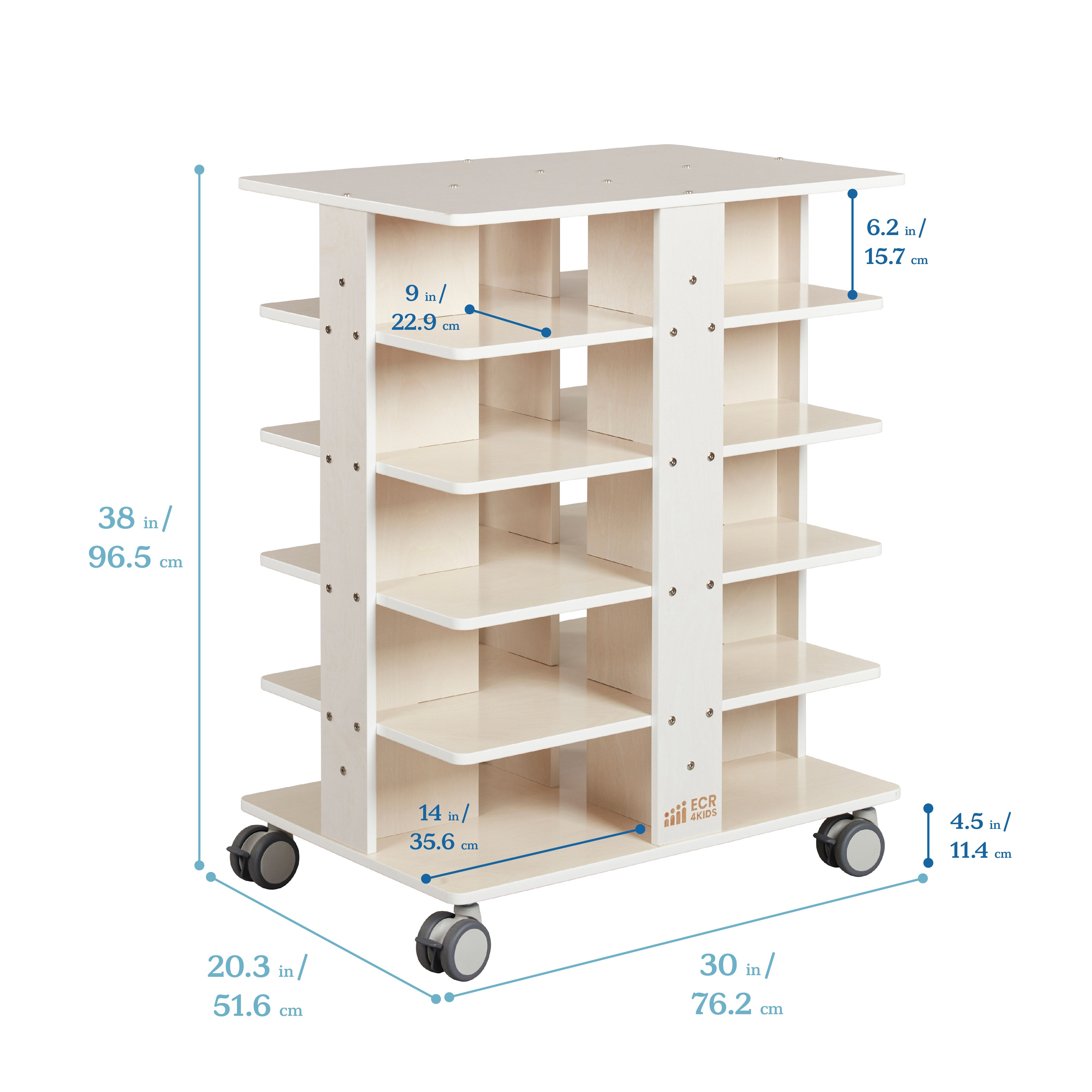 20-Compartment Mobile Storage Tower with Cubby Bins with Lids, 5x4, White Wash, Classroom Furniture