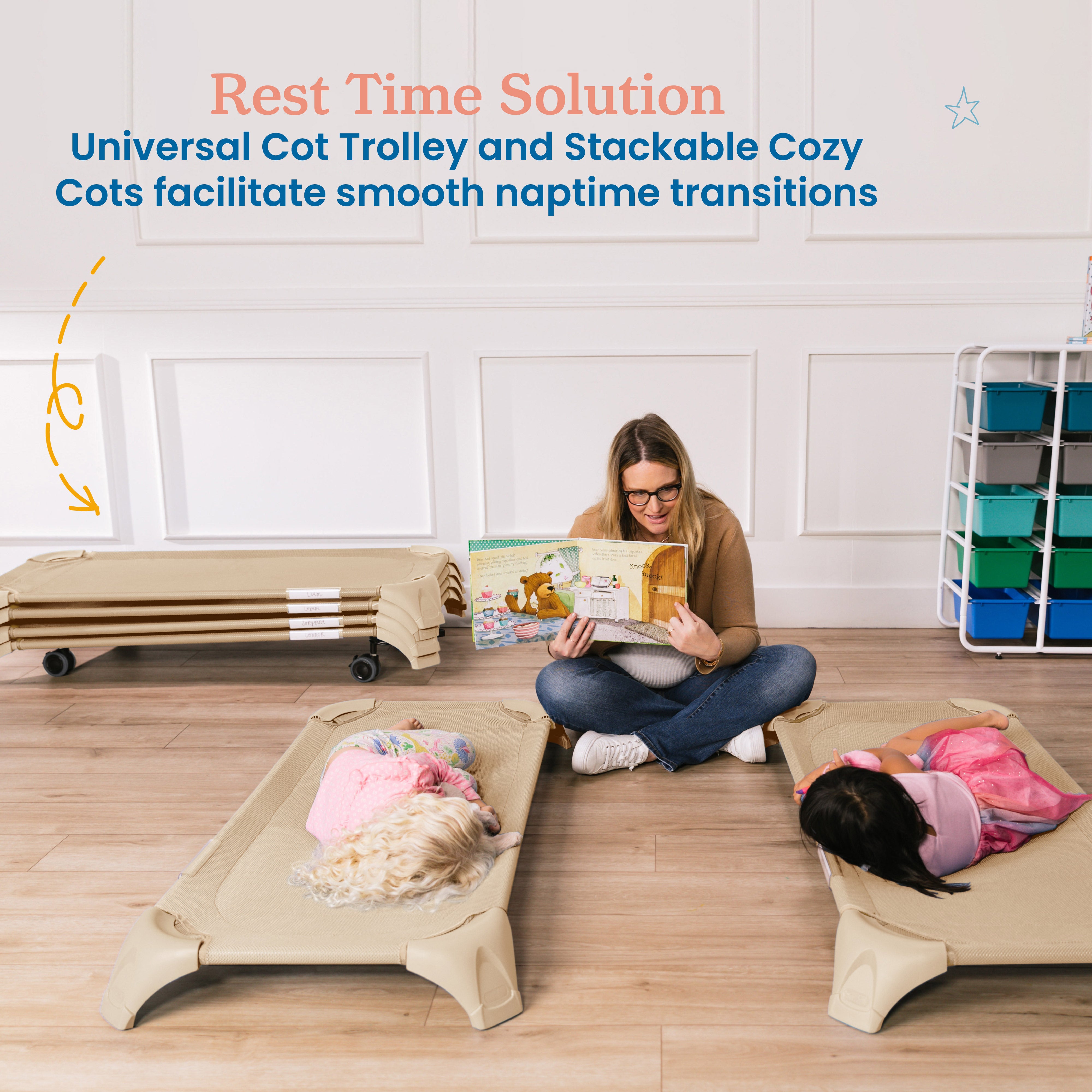 Stackable Cozy Cots with Universal Cot Trolley, 6-Pack
