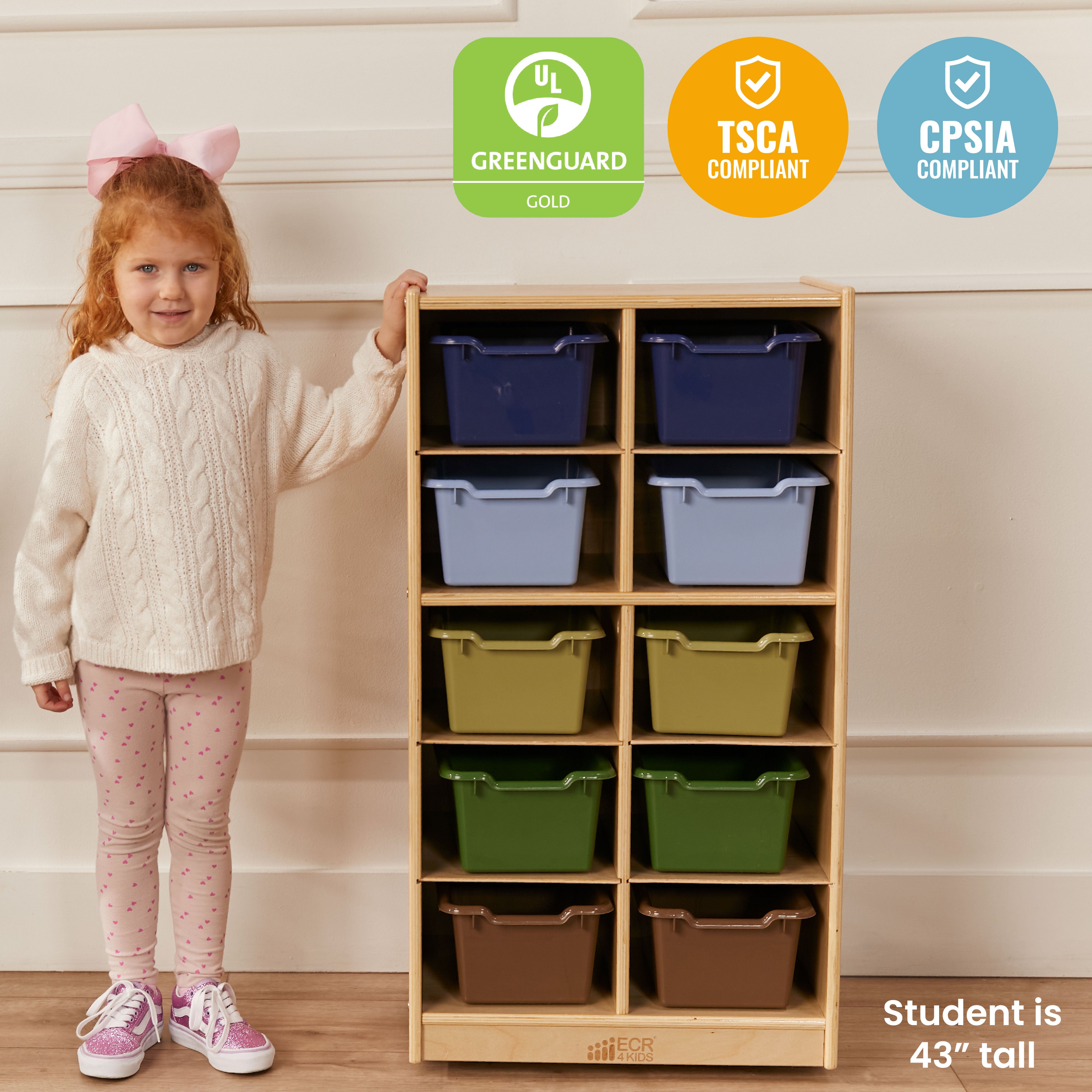 10 Cubby Mobile Tray Cabinet with 10 Scoop Front Storage Bins, 5x2, Natural