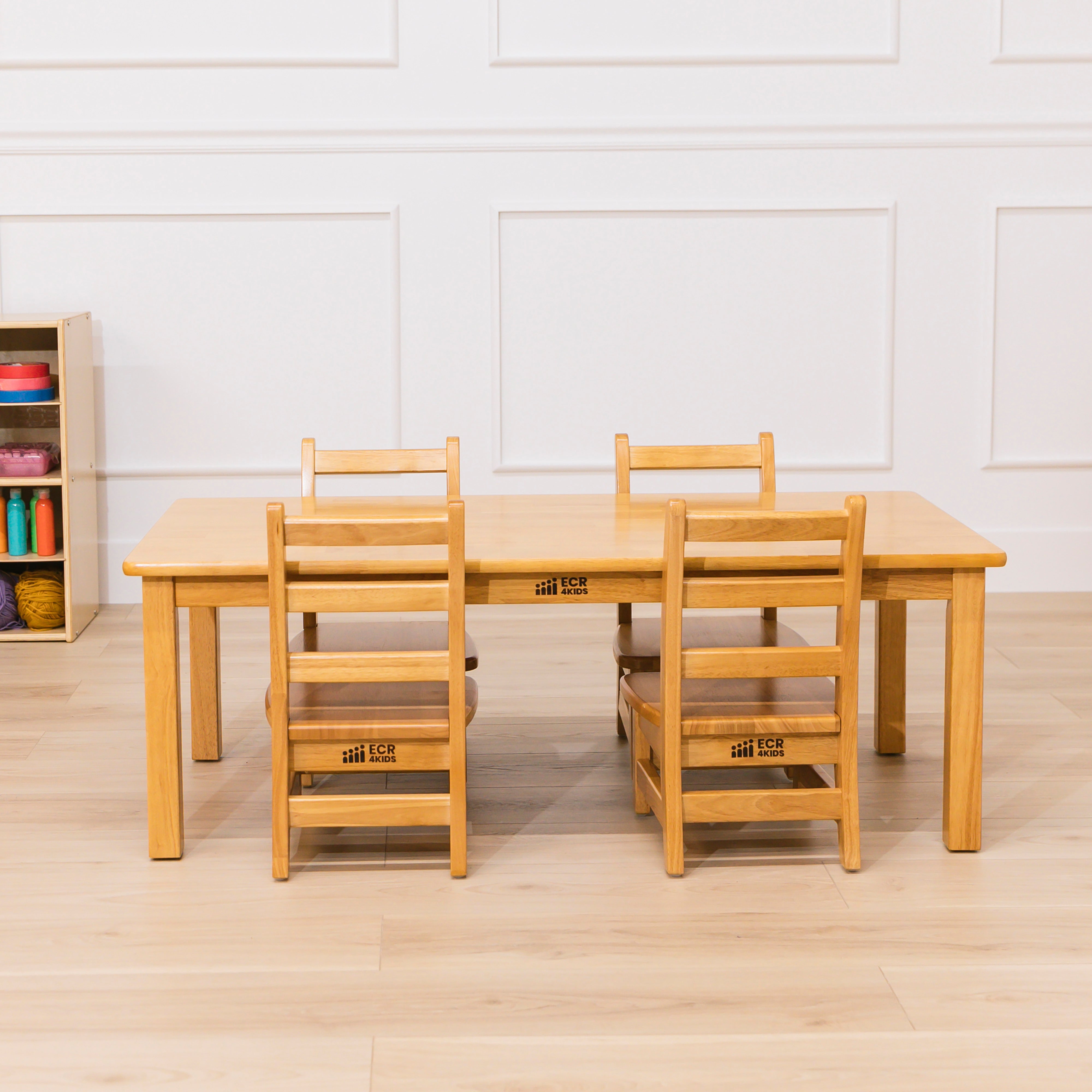 Toddler Classroom Essentials Package with Hardwood Table and Four Chairs, 8in Seat Height