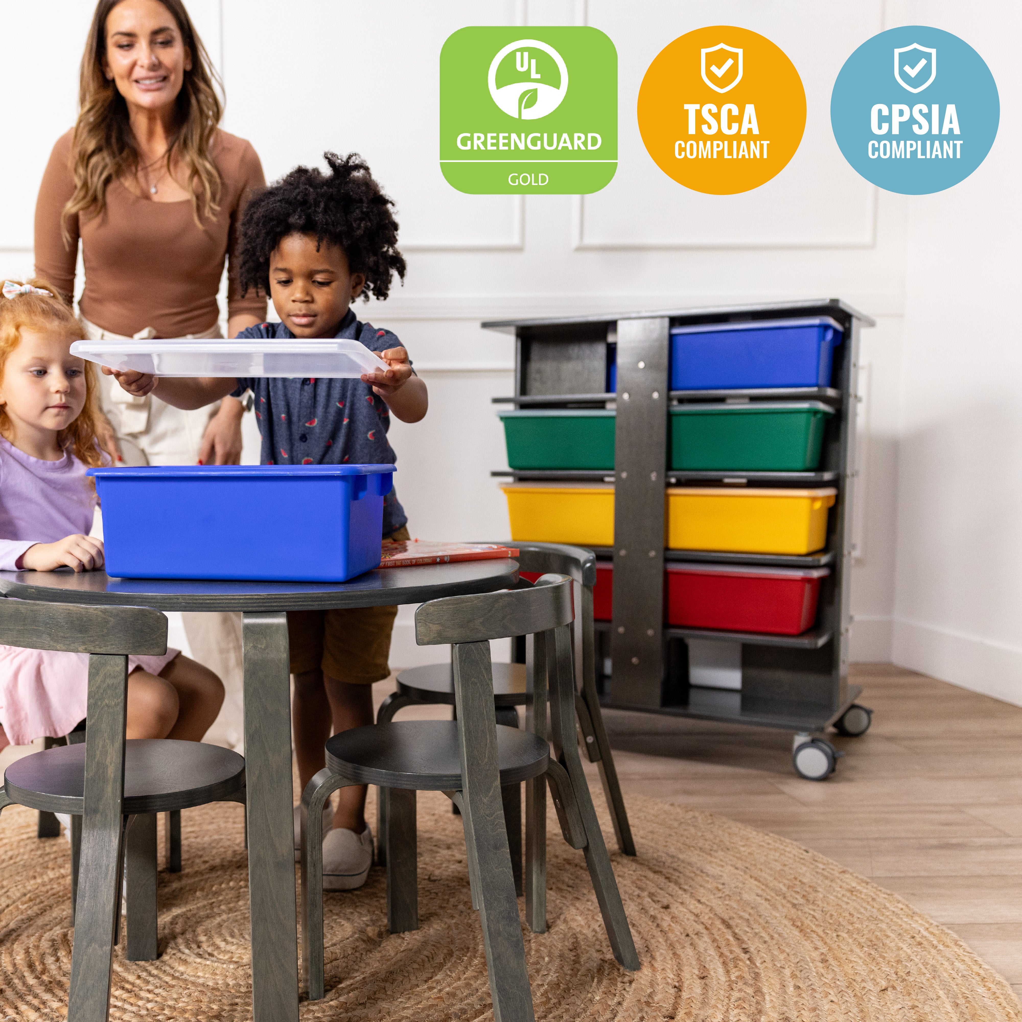 20-Compartment Mobile Storage Tower with Cubby Bins with Lids, 5x4, Grey Wash, Classroom Furniture