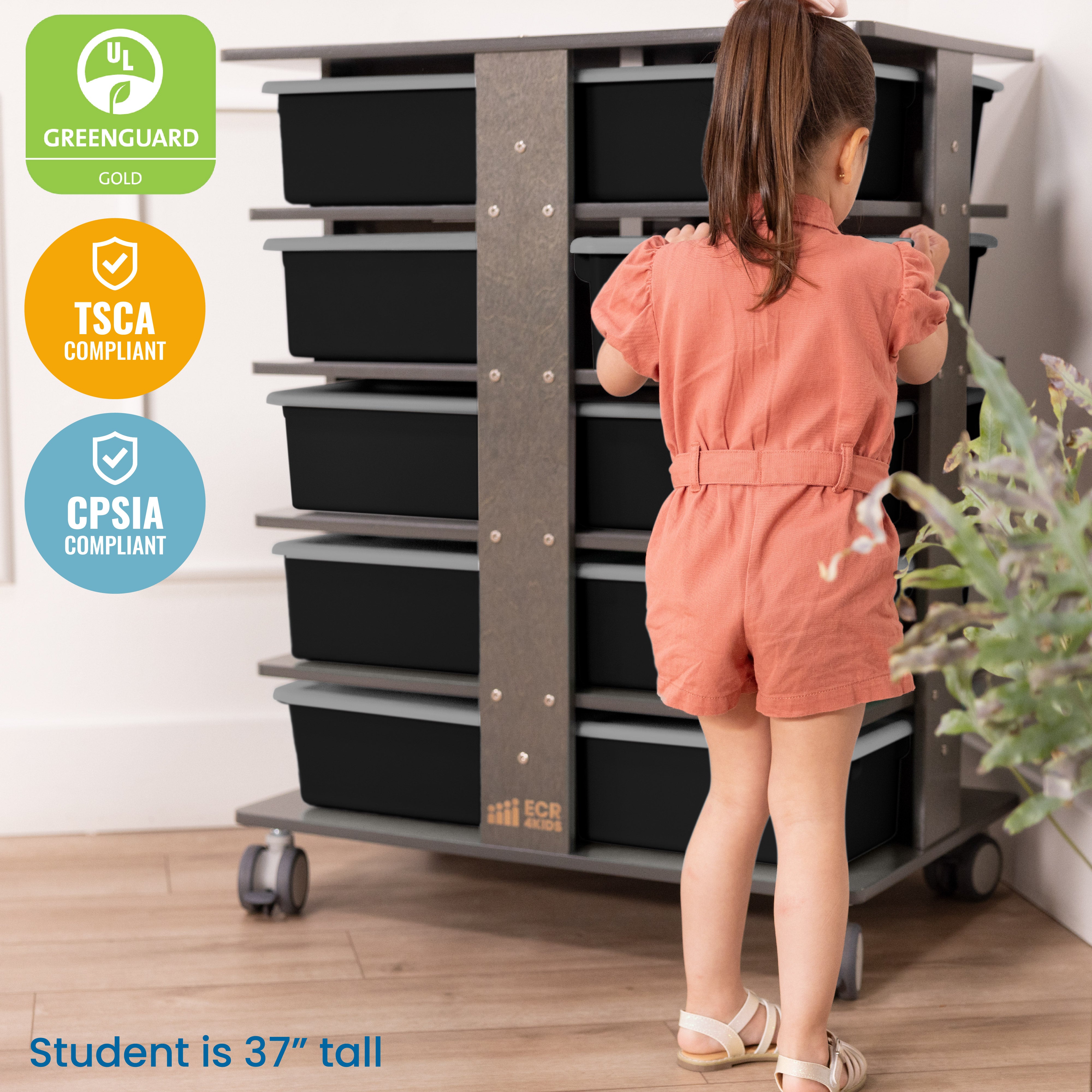 20-Compartment Mobile Storage Tower with Cubby Bins with Lids, 5x4, Grey Wash, Classroom Furniture