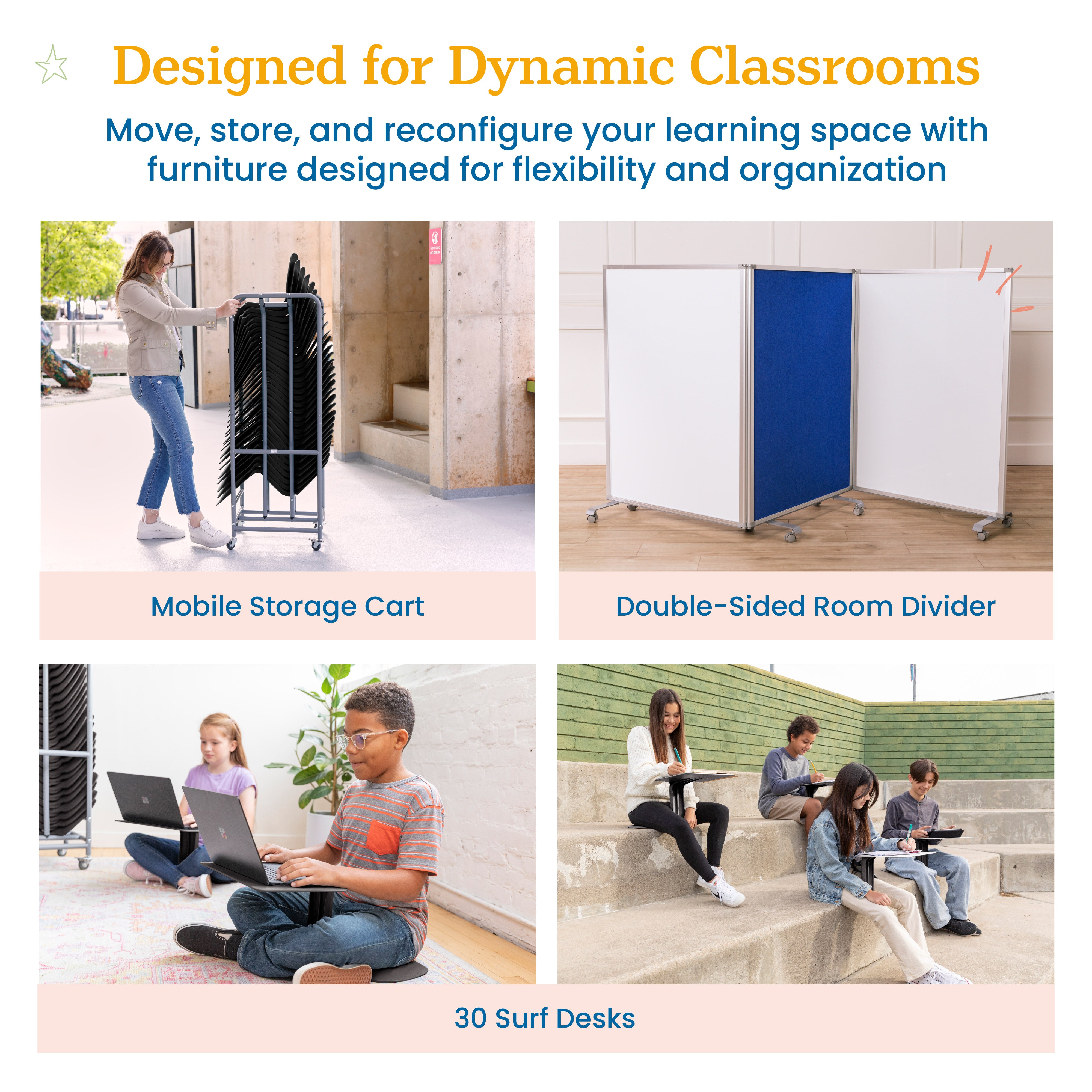 Surf Mobile Learning Package with Lap Desks, Storage Rack and 3-Panel Room Divider
