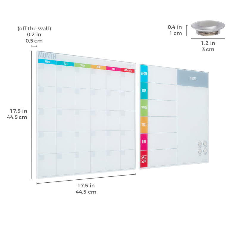 17.5in x 17.5in Magnetic Dry-Erase Glass Boards and 4 Rare Earth Magnets, 2-Pack