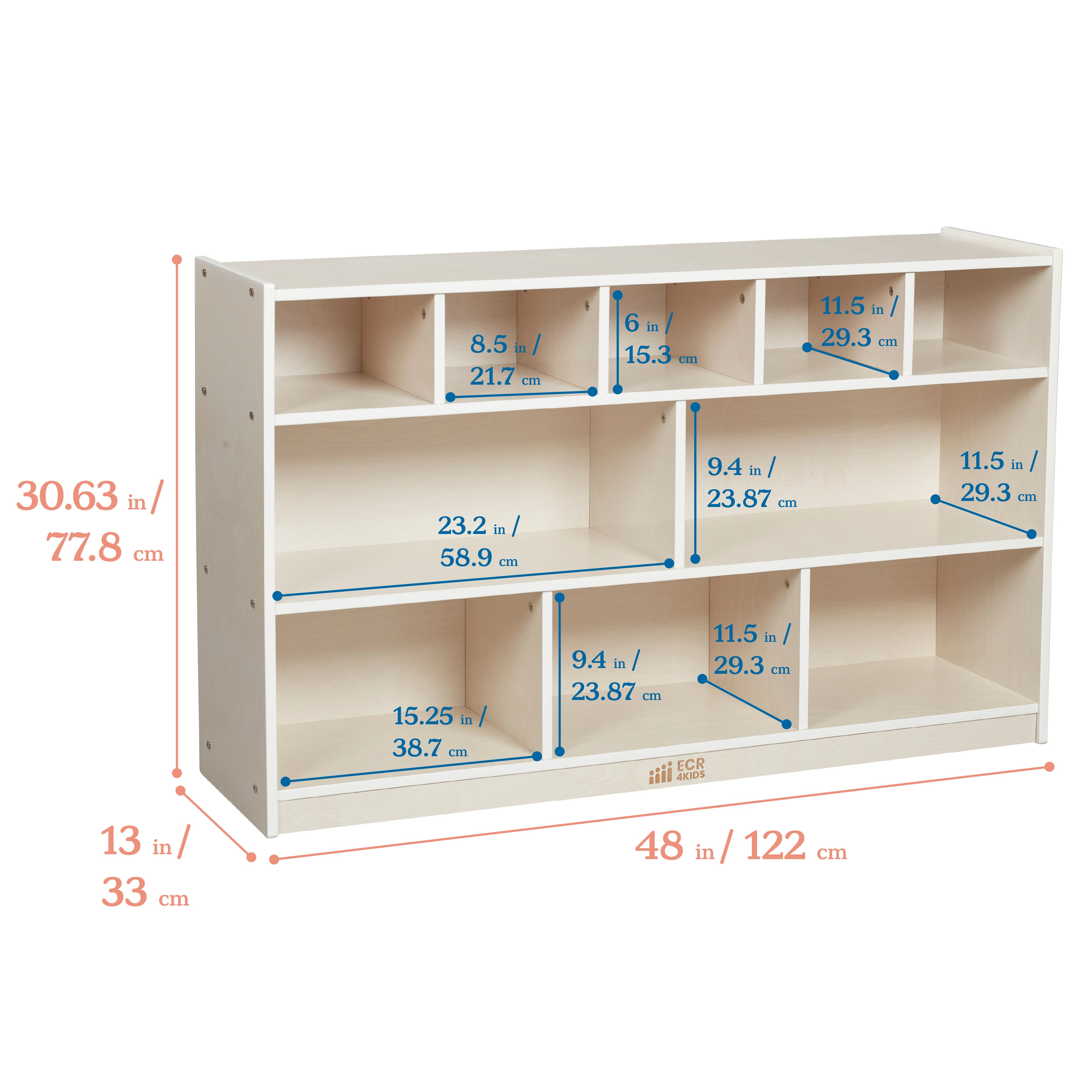 5+5 Compartment Storage and Tray Cabinet with 5 Scoop Front Bins, White Wash