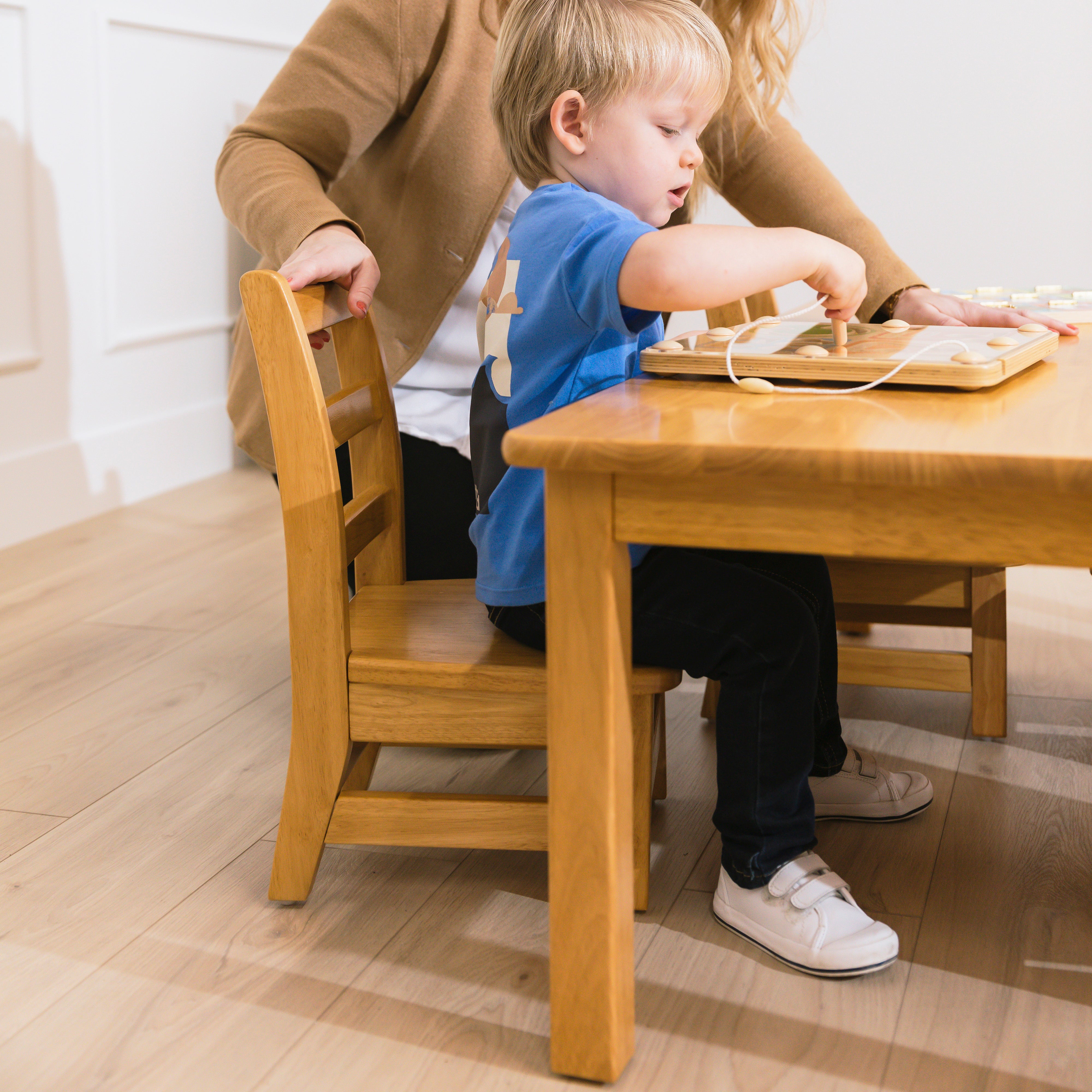 Toddler Classroom Essentials Package with Hardwood Table and Four Chairs, 8in Seat Height