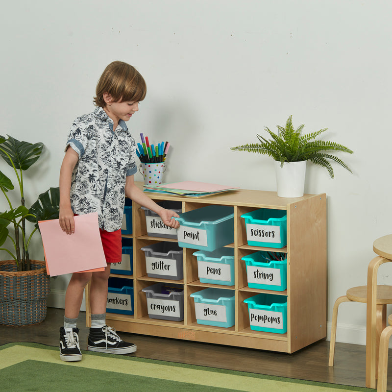 12 Cubby Mobile Tray Cabinet with 15 Scoop Front Storage Bins