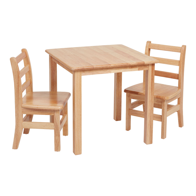 24in x 24in Square Hardwood Table and Chair Set, 12in Seat Height, Kids Furniture, Natural, 3-Piece