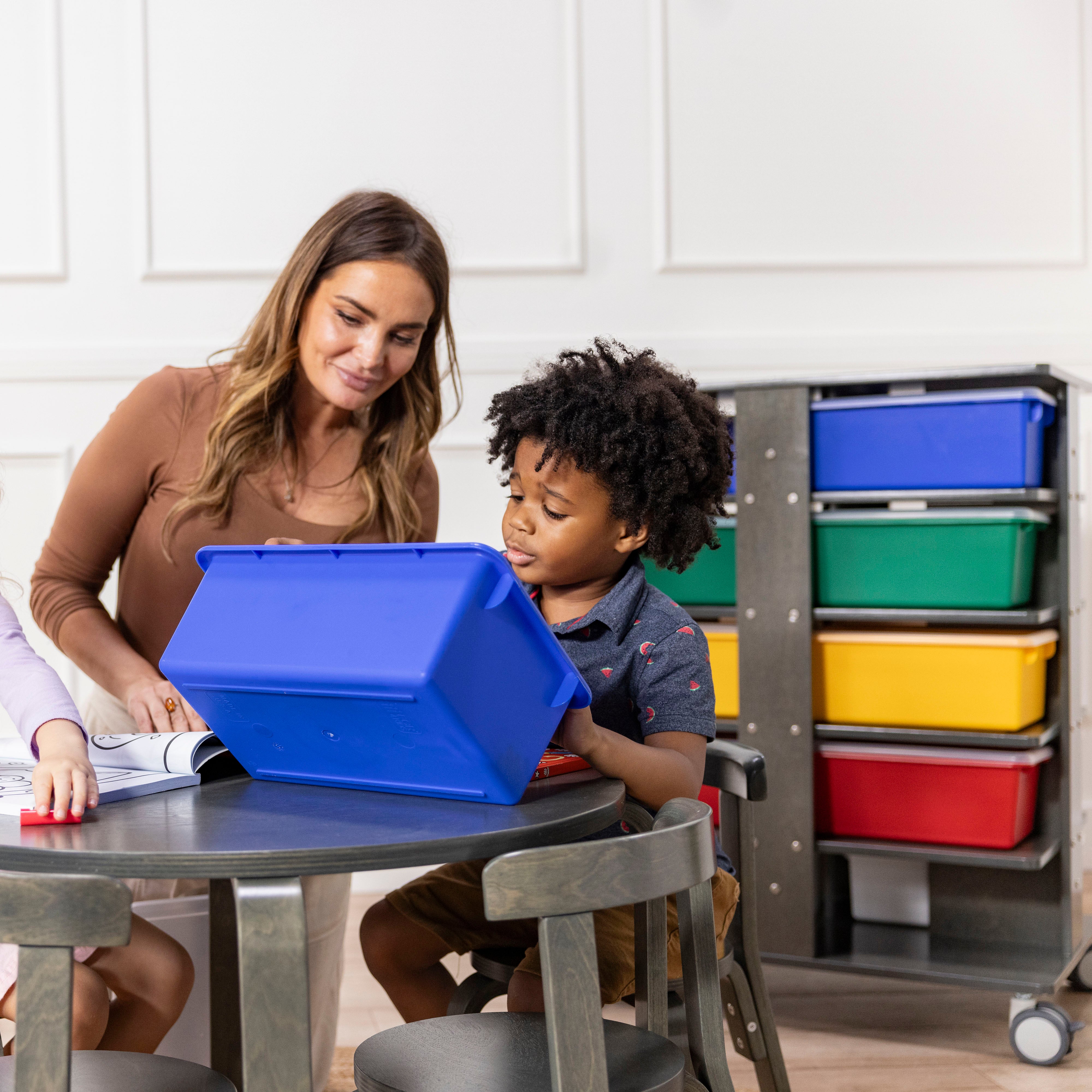 20-Compartment Mobile Storage Tower with Cubby Bins with Lids, 5x4, Grey Wash, Classroom Furniture