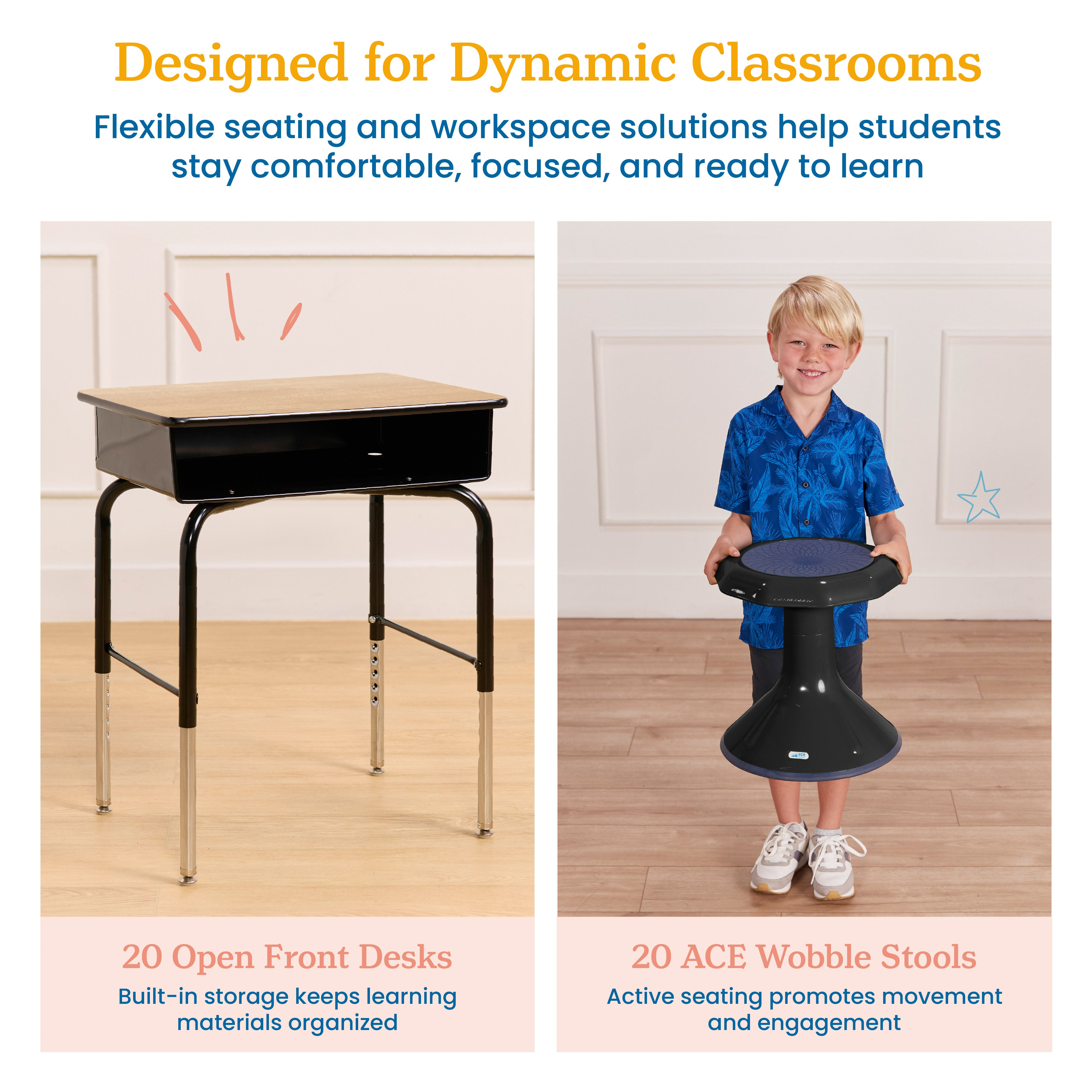 Classroom Package with Open Front Desks and ACE Stools