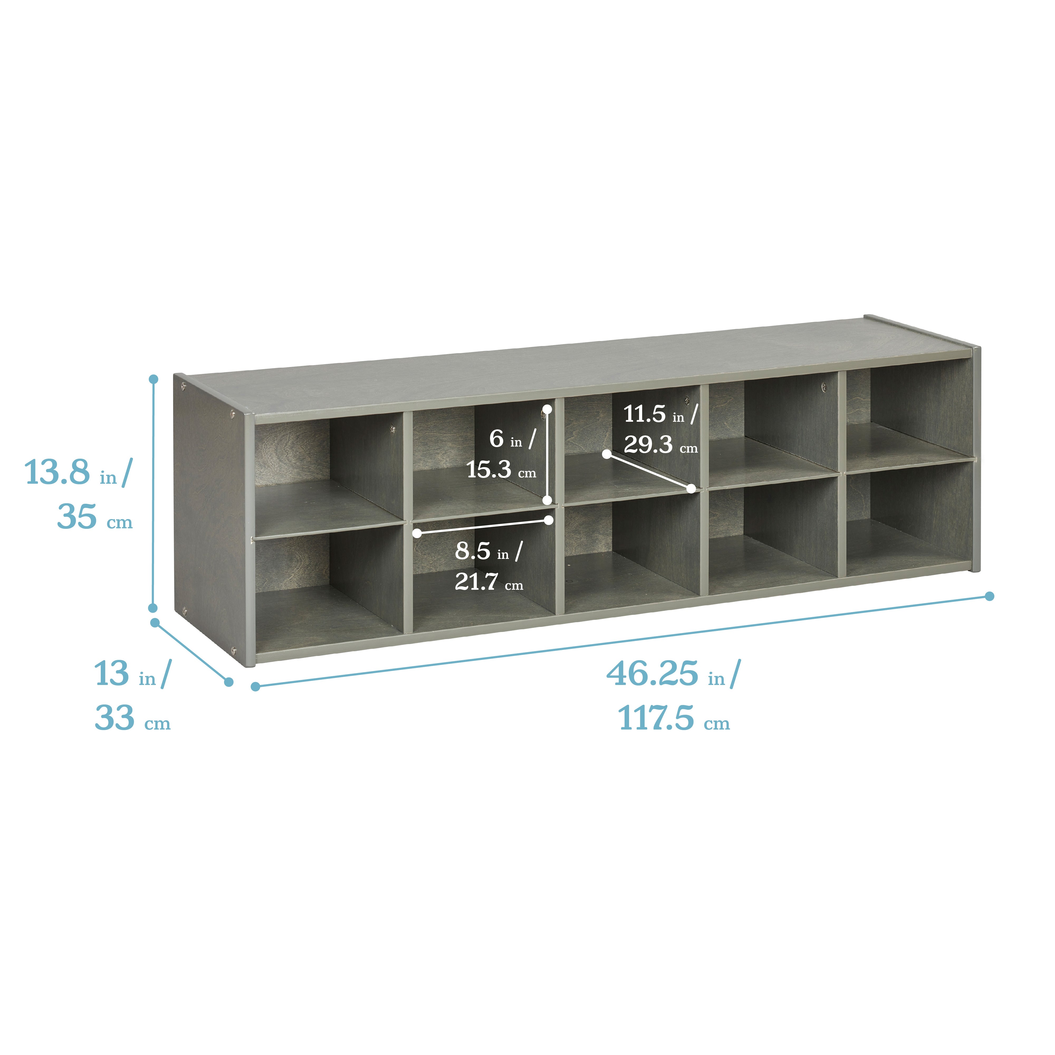 Streamline 10 Cubby Tray Cabinet with 10 Scoop Front Storage Bins, 2x5, Grey Wash