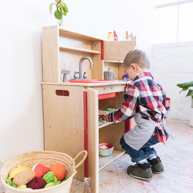 ECR4Kids 4-in-1 Kitchen, Sink, Stove, Oven, Microwave and Storage, Play Kitchen, Natural