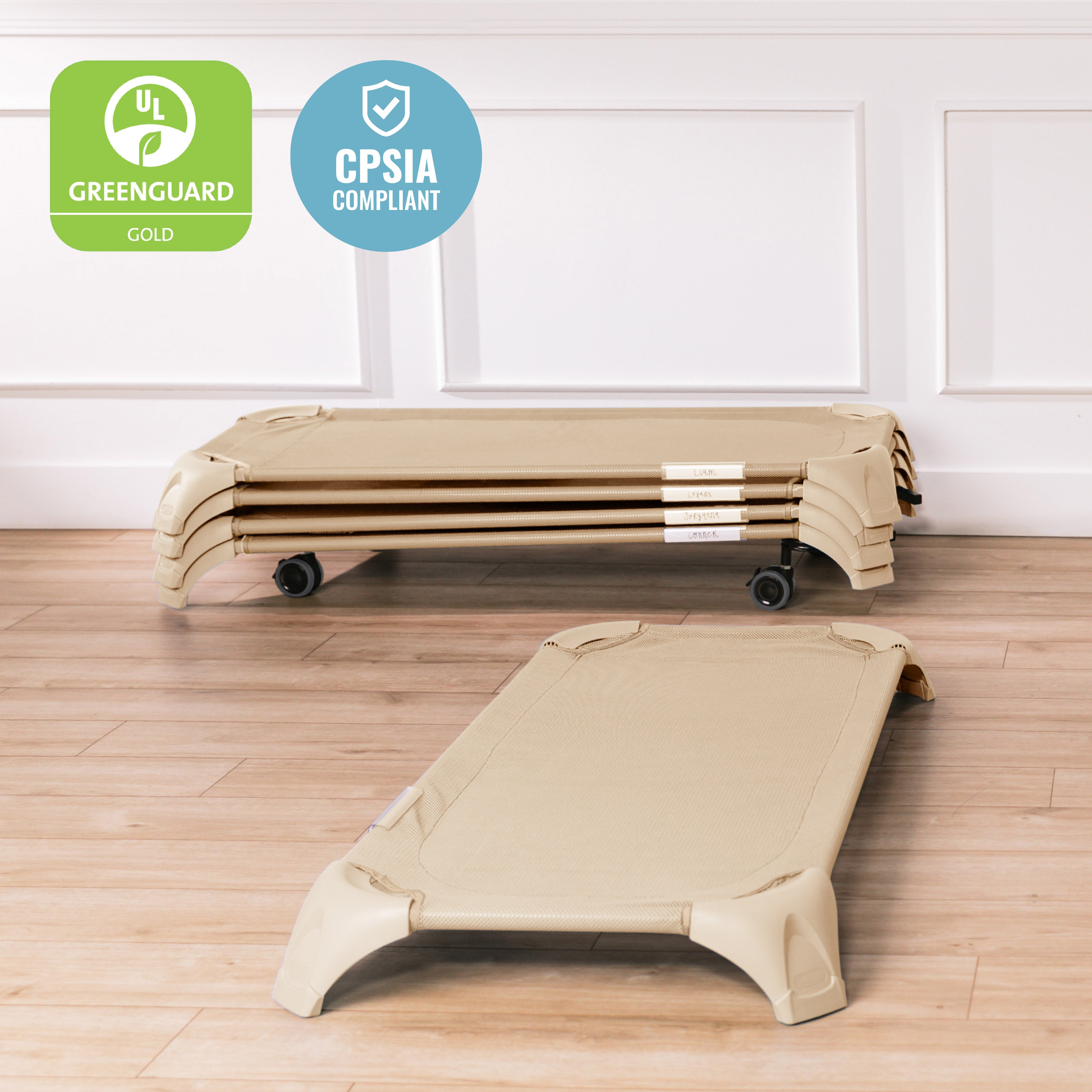Stackable Cozy Cots with Universal Cot Trolley, 6-Pack
