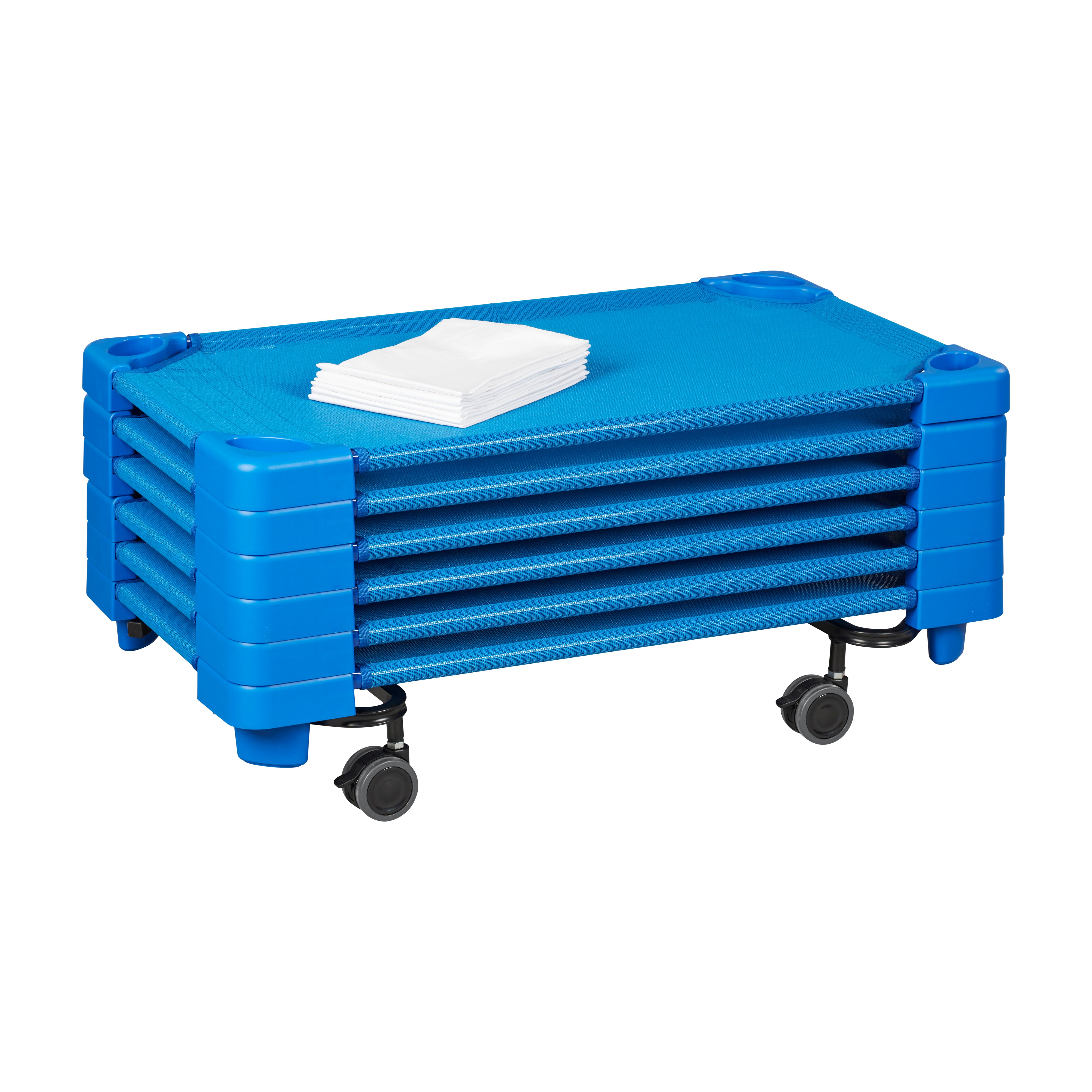 Stackable Kiddie Cots and Sheets with Universal Cot Trolley, Toddler Size, Ready-to-Assemble, 6-Pack