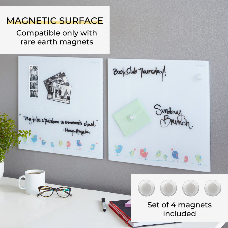 Magnetic Dry-Erase Glass Board with Magnets, 17.5in x 17.5in, Wall-Mounted Whiteboard, 2-Pack