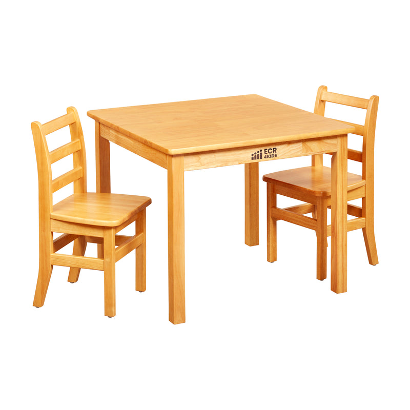 24in x 24in Square Hardwood Table with 24in Legs and Two 14in Chairs, Kids Furniture