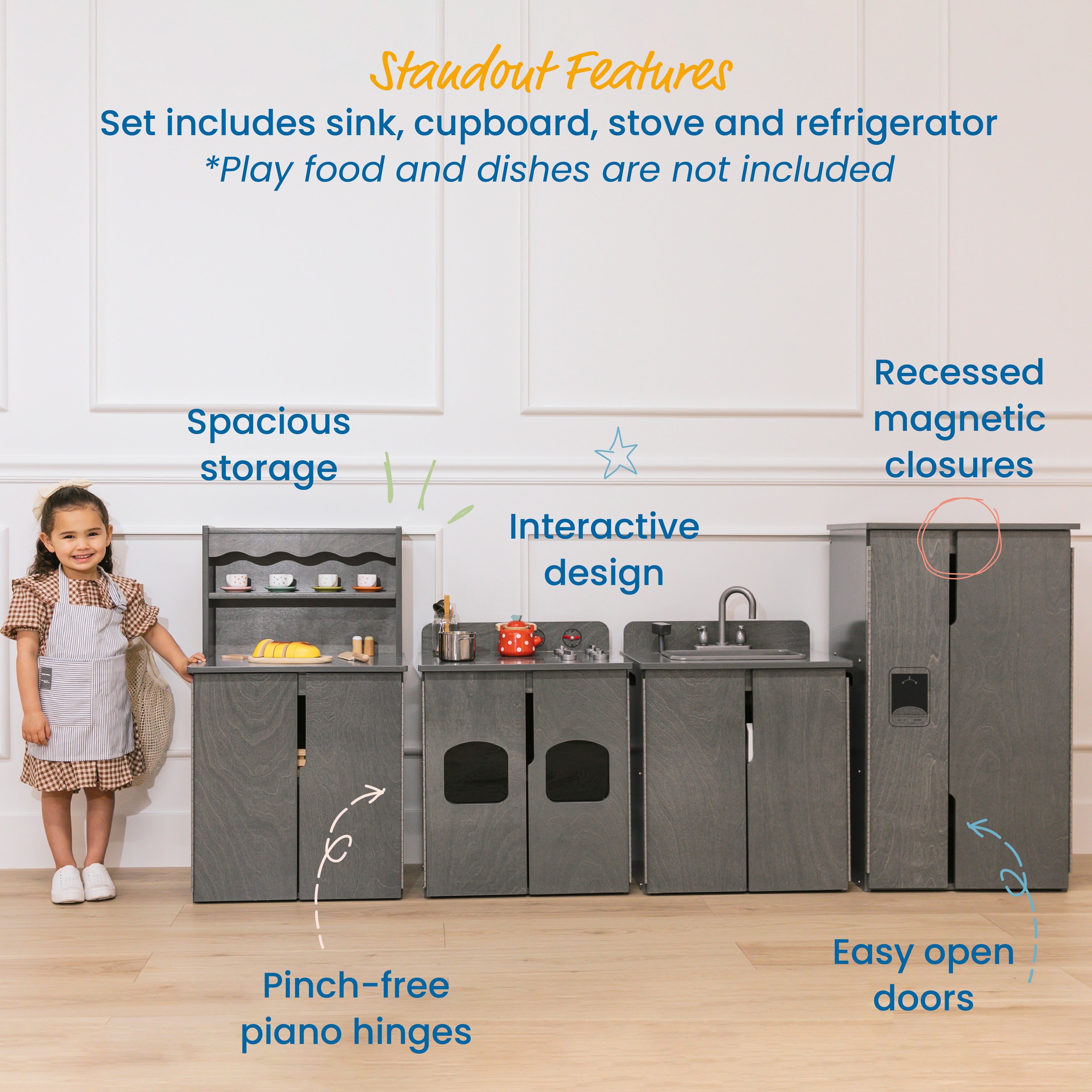 Kitchen Cupboard, Stove, Sink, and Refrigerator for Kids, Wooden, 4-Piece
