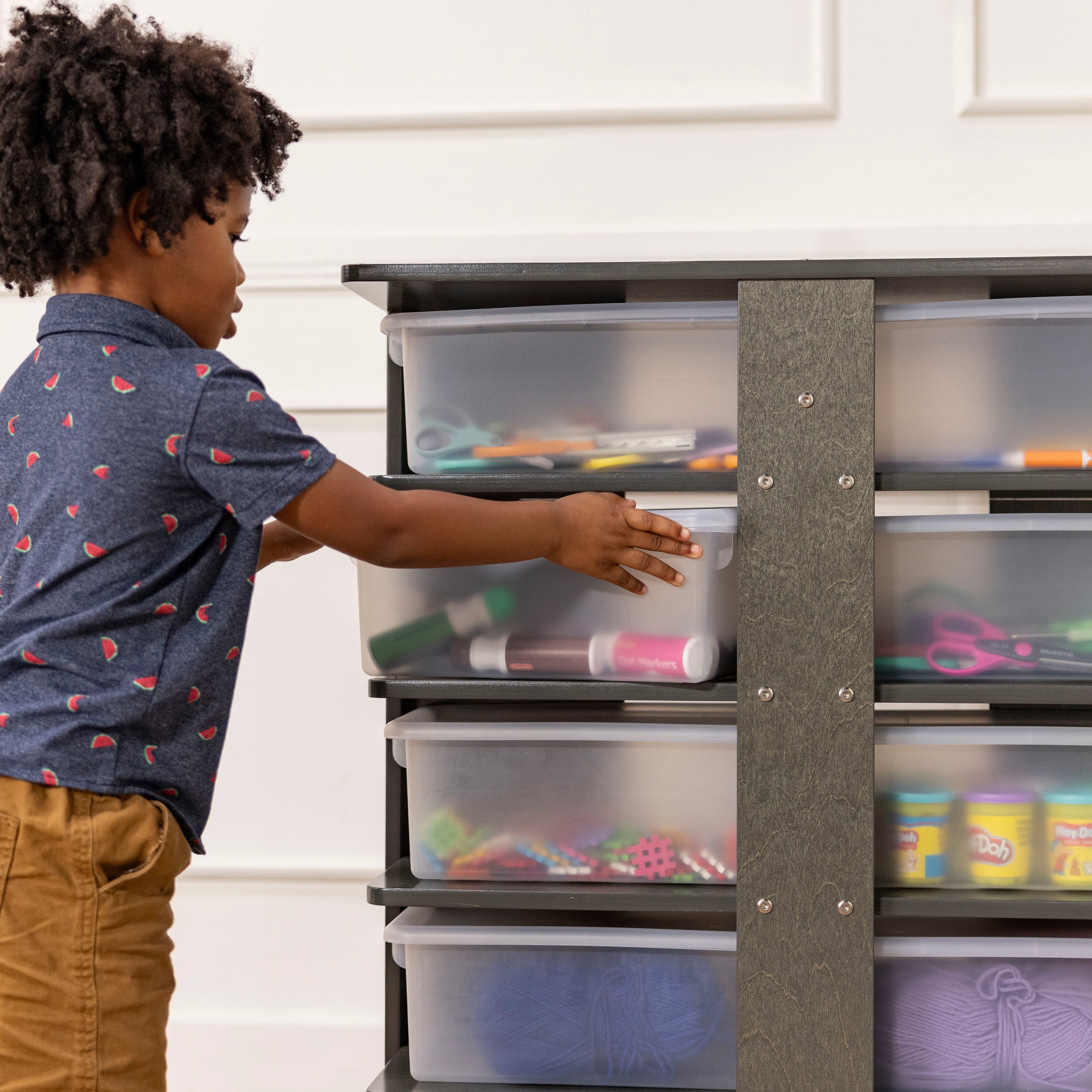 20-Compartment Mobile Storage Tower with Cubby Bins with Lids, 5x4, Grey Wash, Classroom Furniture