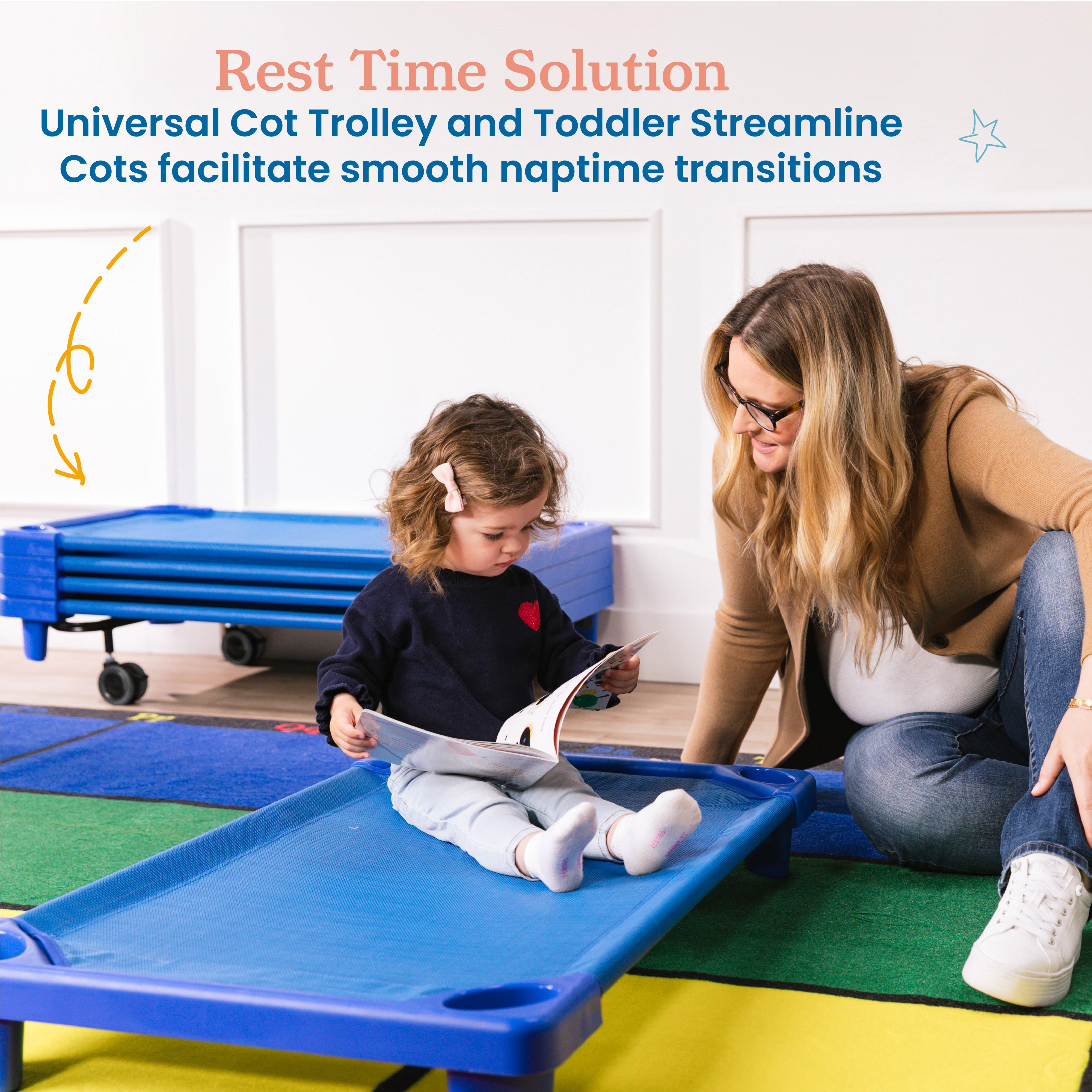 Stackable Kiddie Cots with Universal Cot Trolley, Toddler Size, Ready-to-Assemble, 6-Pack