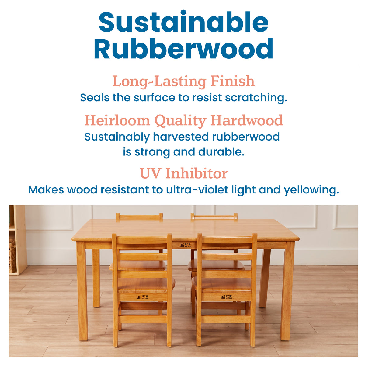 30in x 48in Rectangular Hardwood Table and Four Chairs, 12in Seat Height, 5-Piece