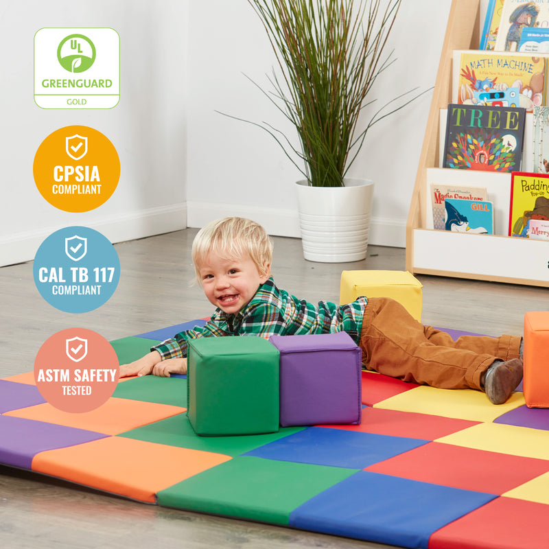 Patchwork Toddler Activity Mat and 12 Stacking Block Set, Tummy Time Foam Pad and Building Blocks