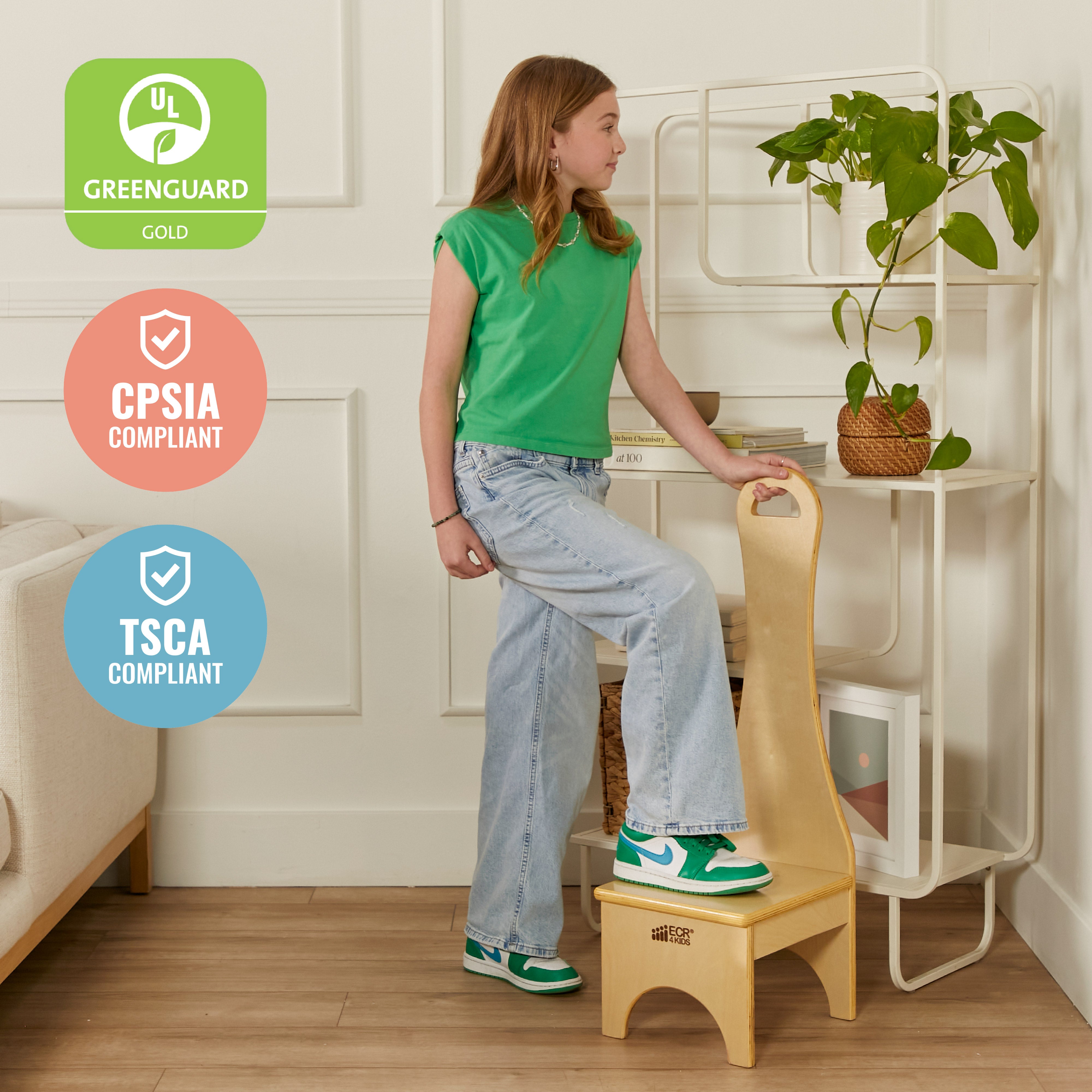 Stepstool with Long Handle, One Step, Natural