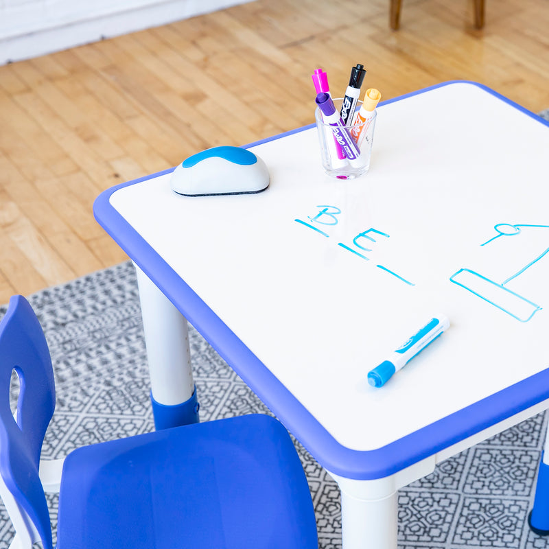 Square Dry-Erase Activity Table and 2 Adjustable Height Plastic Chairs, 3-Piece