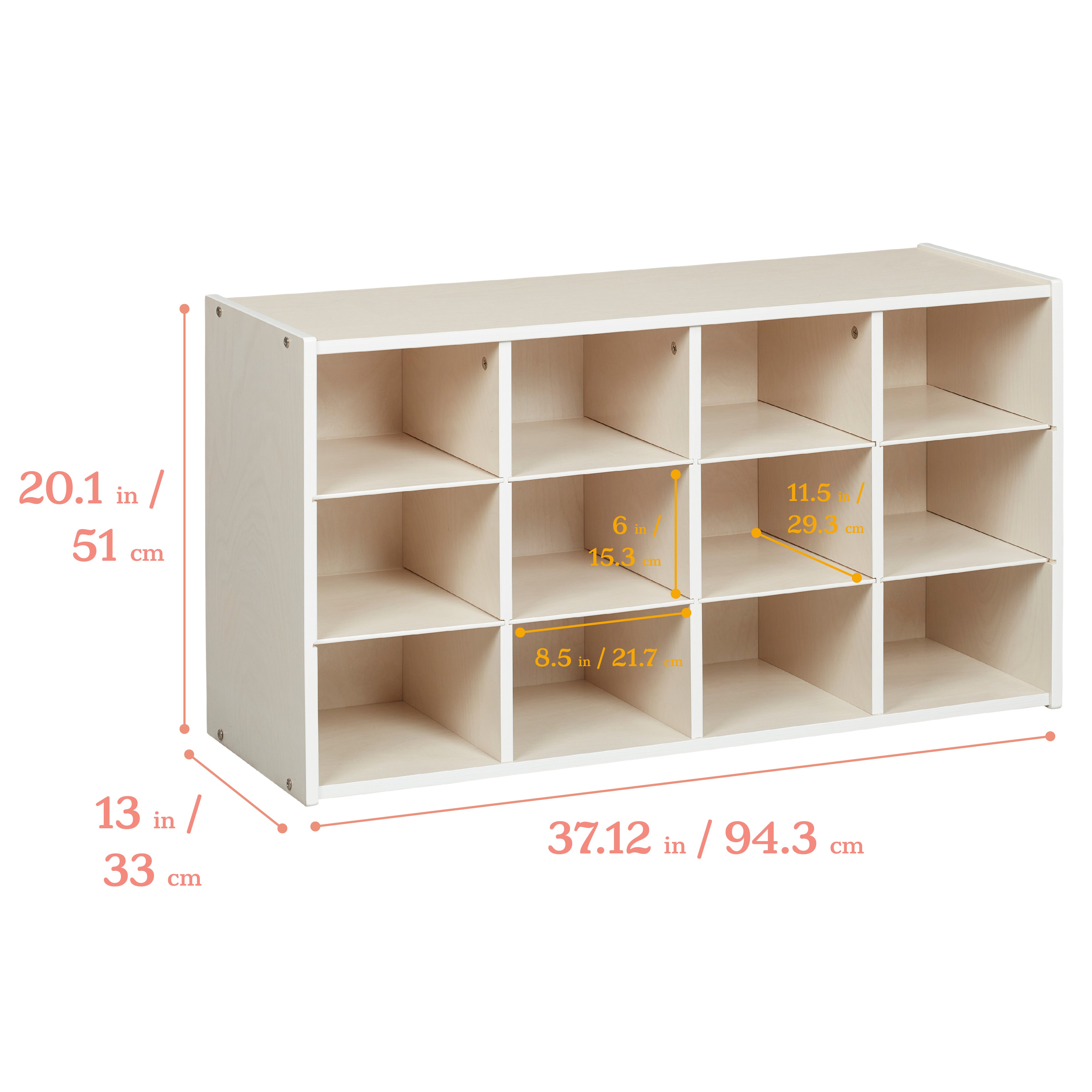 Streamline 12 Cubby Tray Cabinet with 15 Scoop Front Storage Bins, 3x4, White Wash
