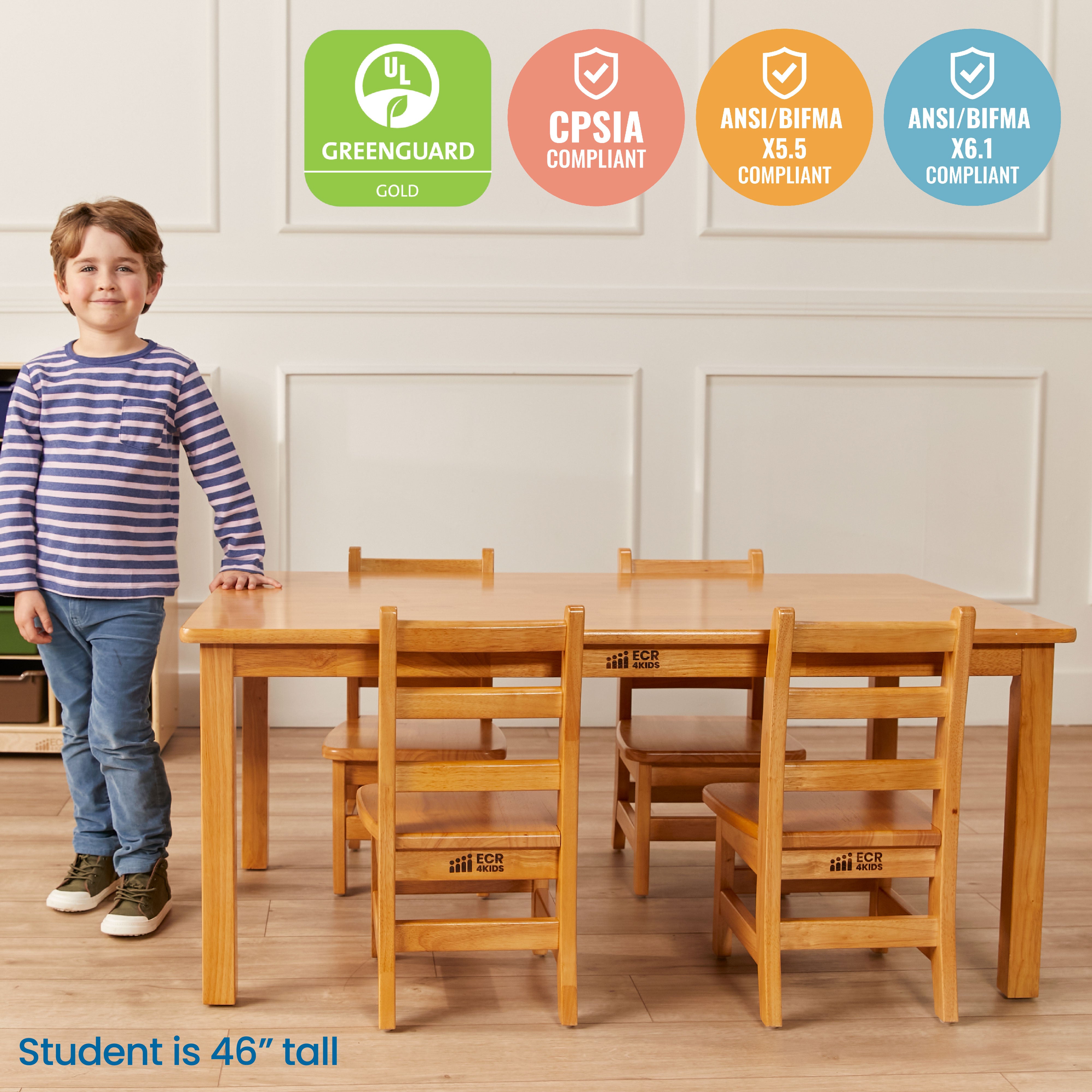 30in x 48in Rectangular Hardwood Table with 20in Legs and Four 10in Chairs, Kids Furniture