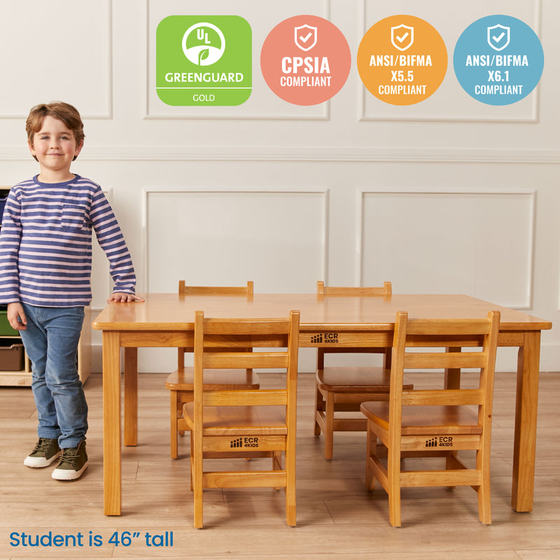 24in x 48in Rectangular Hardwood Table with 20in Legs and Four 10in Chair, Kids Furniture