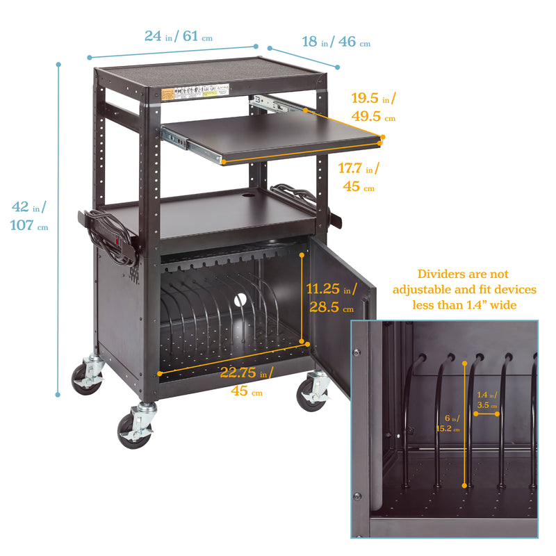 AV Presentation Stand and 12-Bay Charging Cart, Rolling Storage, Black