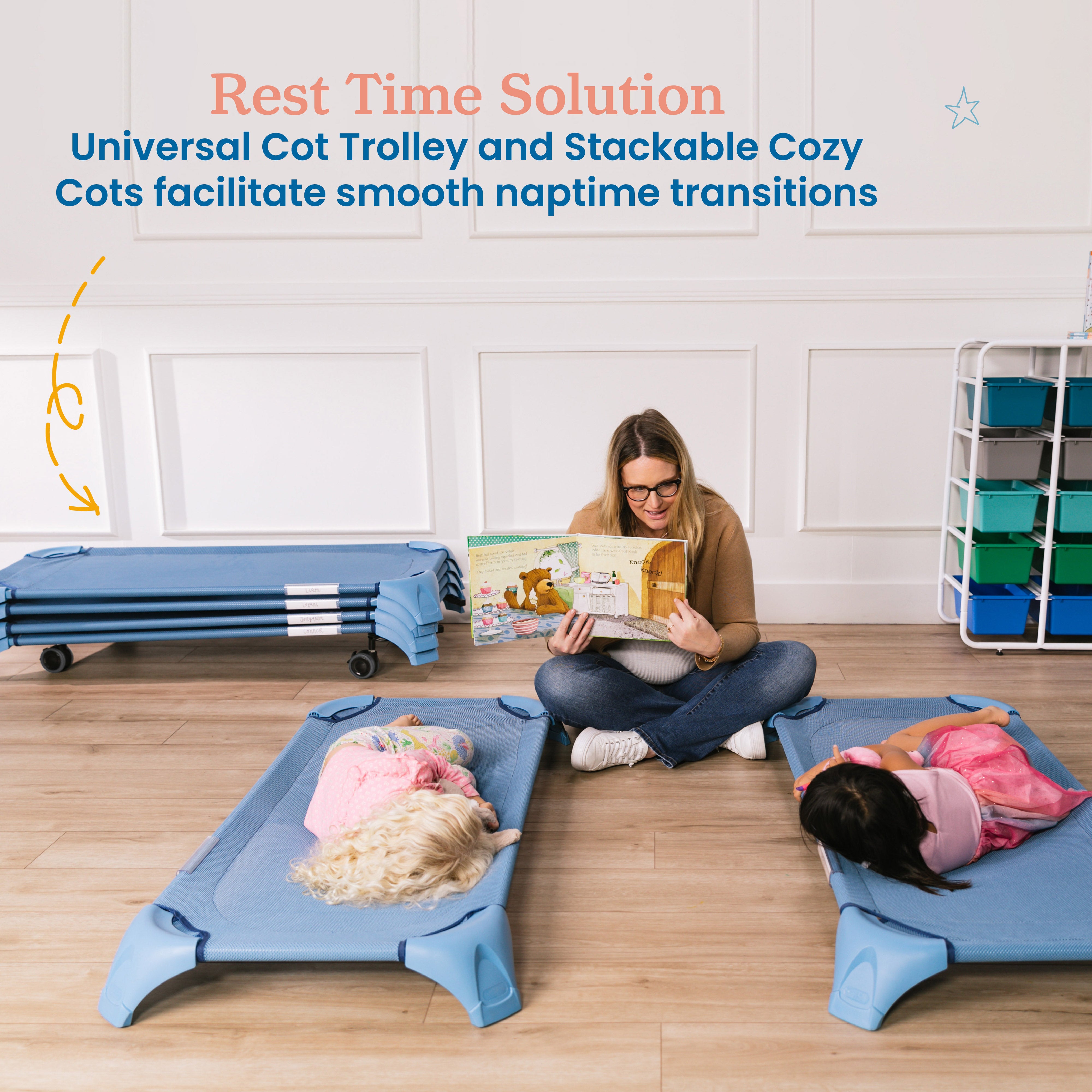 Stackable Cozy Cots with Universal Cot Trolley, 6-Pack