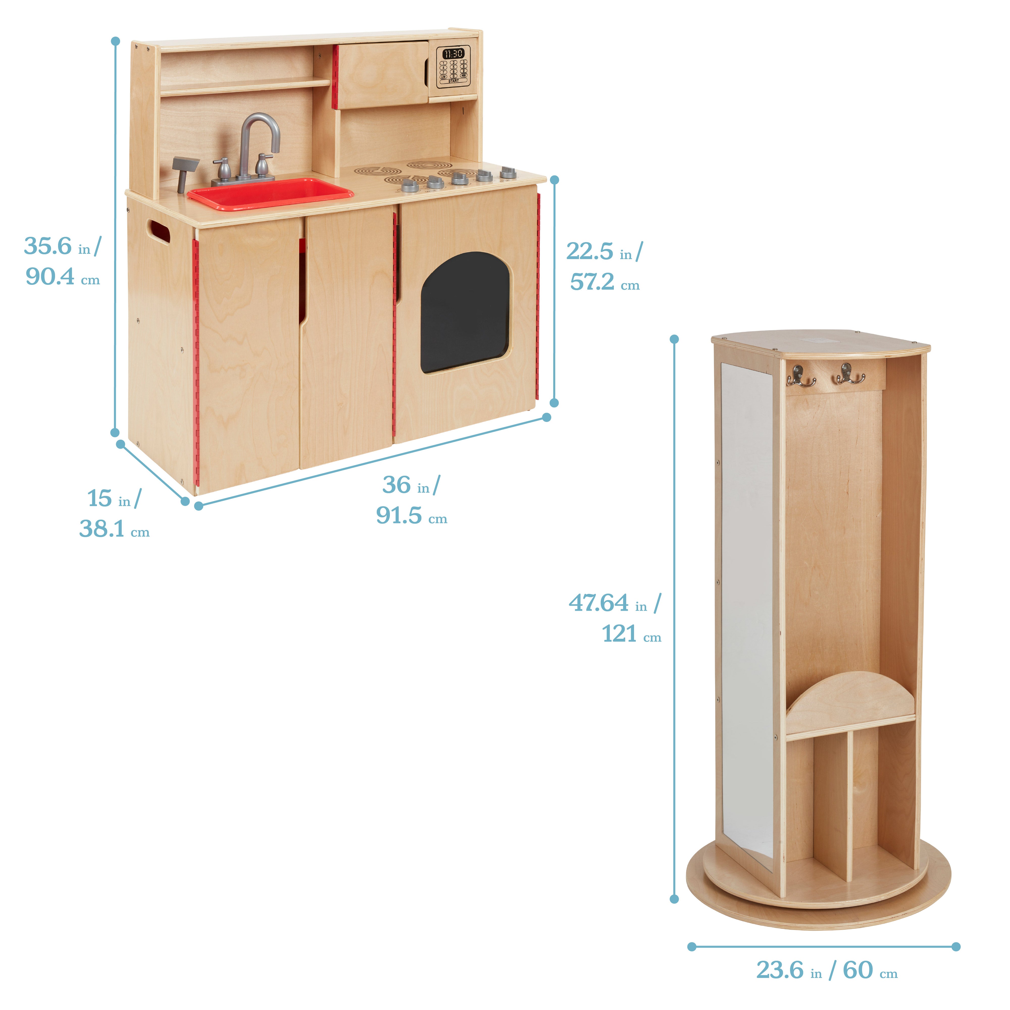 Preschool Dramatic Play Center with Play Kitchen, Dress Up Carousel, Storage Cabinet and Collaboration Table