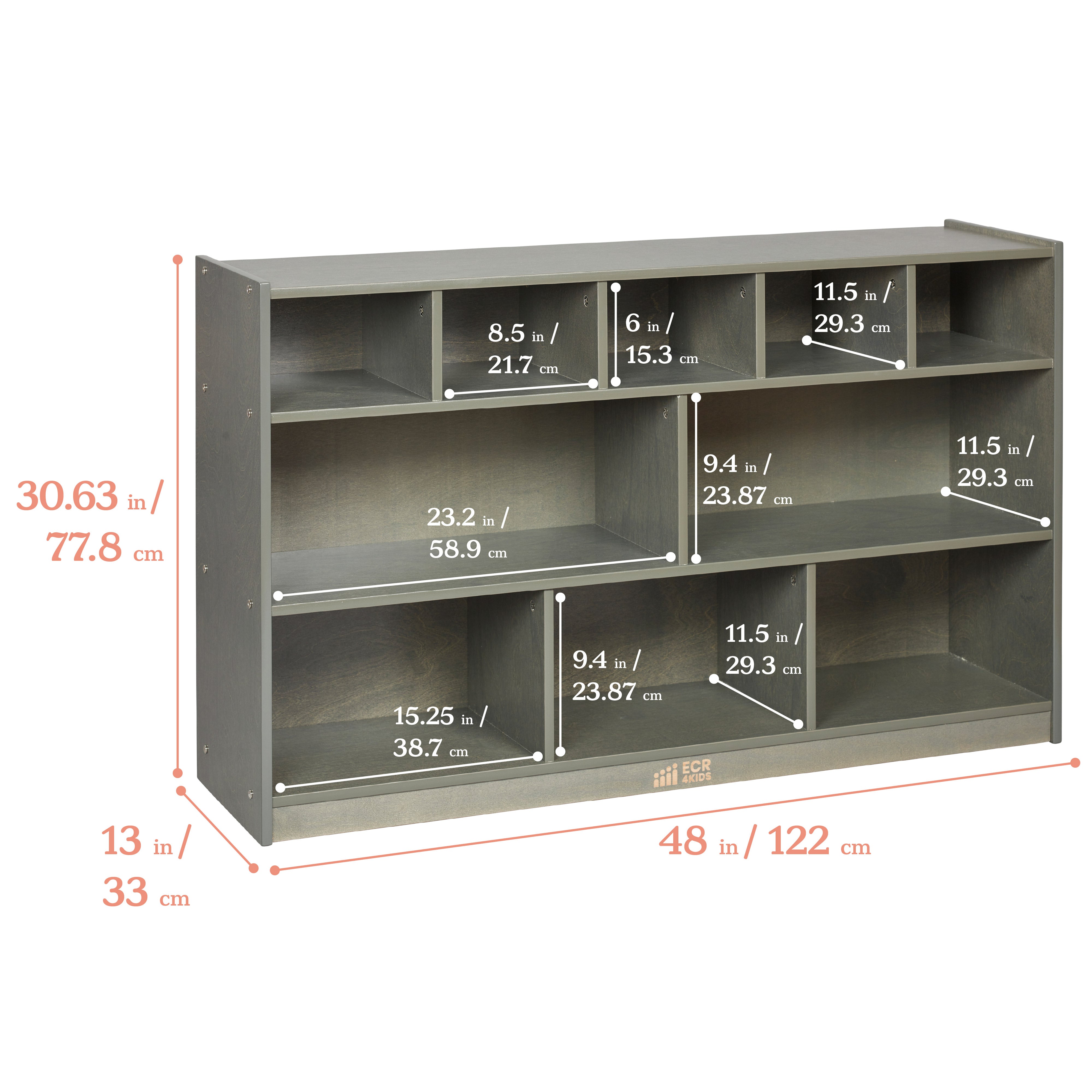 5+5 Mobile Storage and Tray Cabinet with 5 Scoop Front Bins, Grey Wash, Classroom Furniture