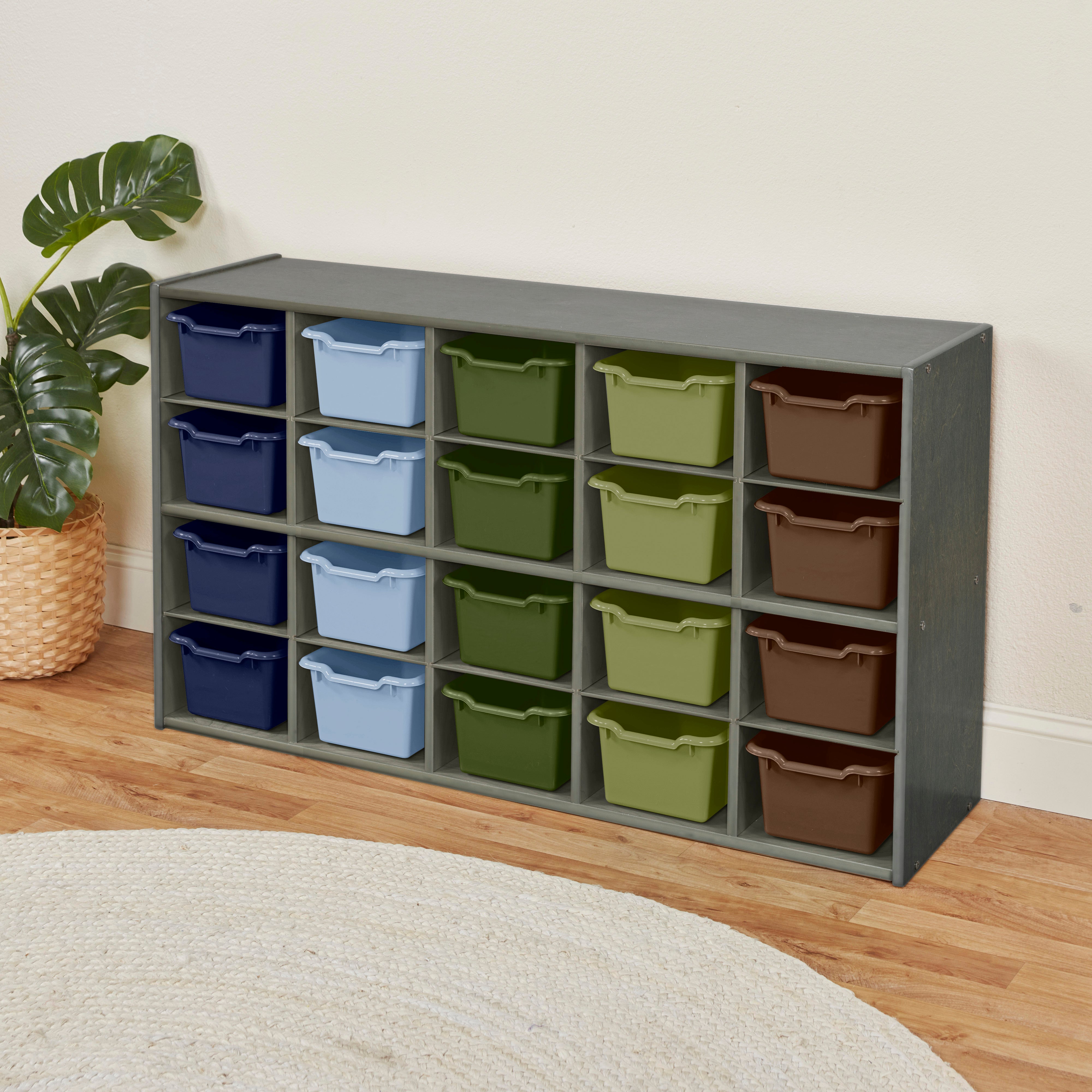 Streamline 20 Cubby Tray Storage Cabinet with Scoop Front Storage Bins, 4x5, Grey Wash
