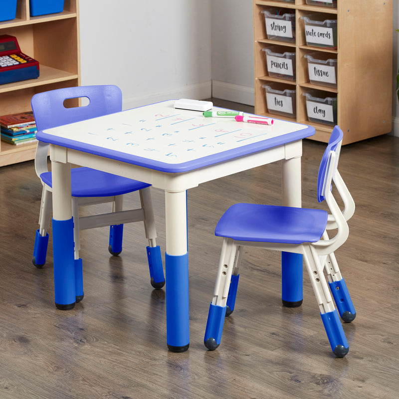 Square Dry-Erase Activity Table and 2 Adjustable Height Plastic Chairs, 3-Piece