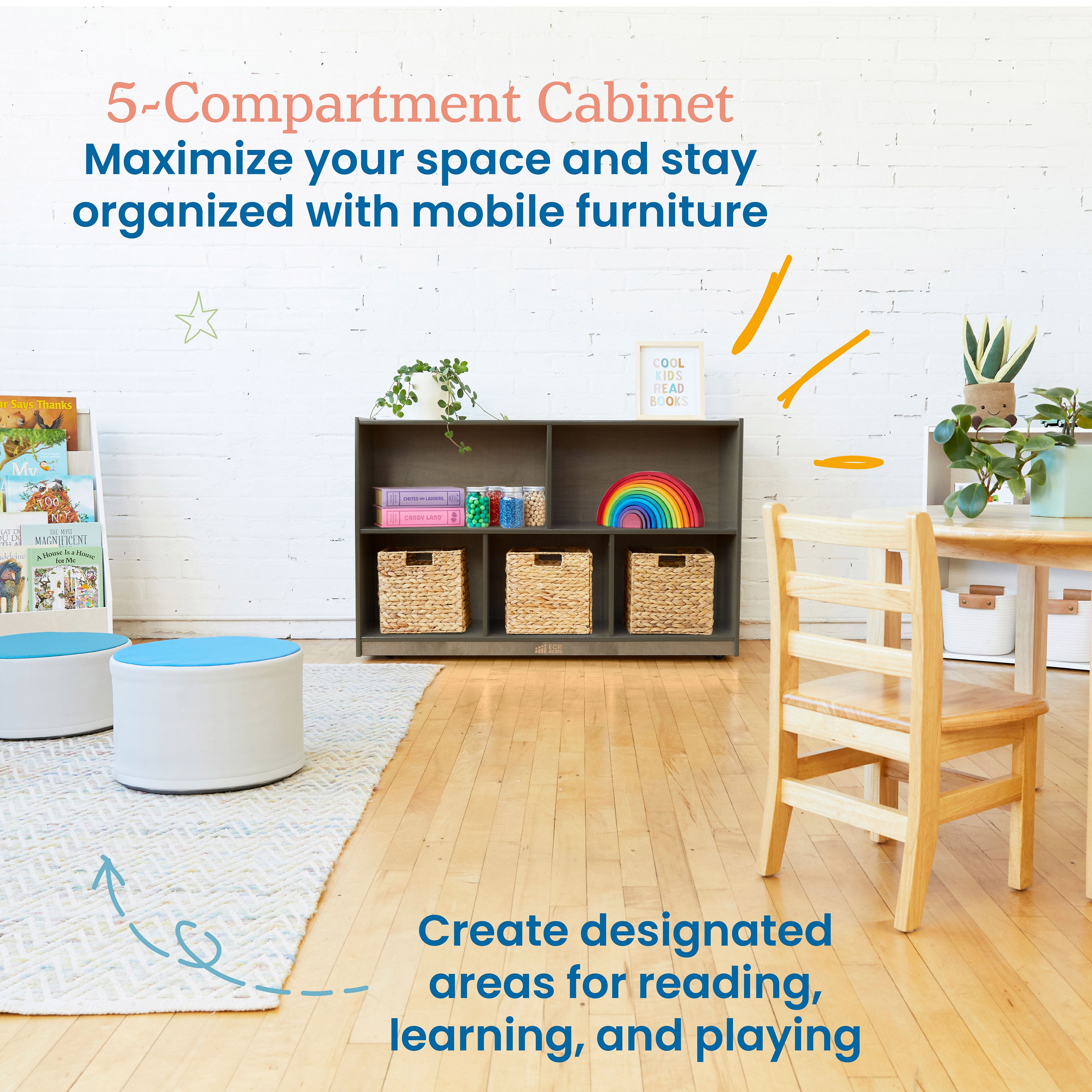 5-Compartment Mobile Storage Cabinet, Preschool