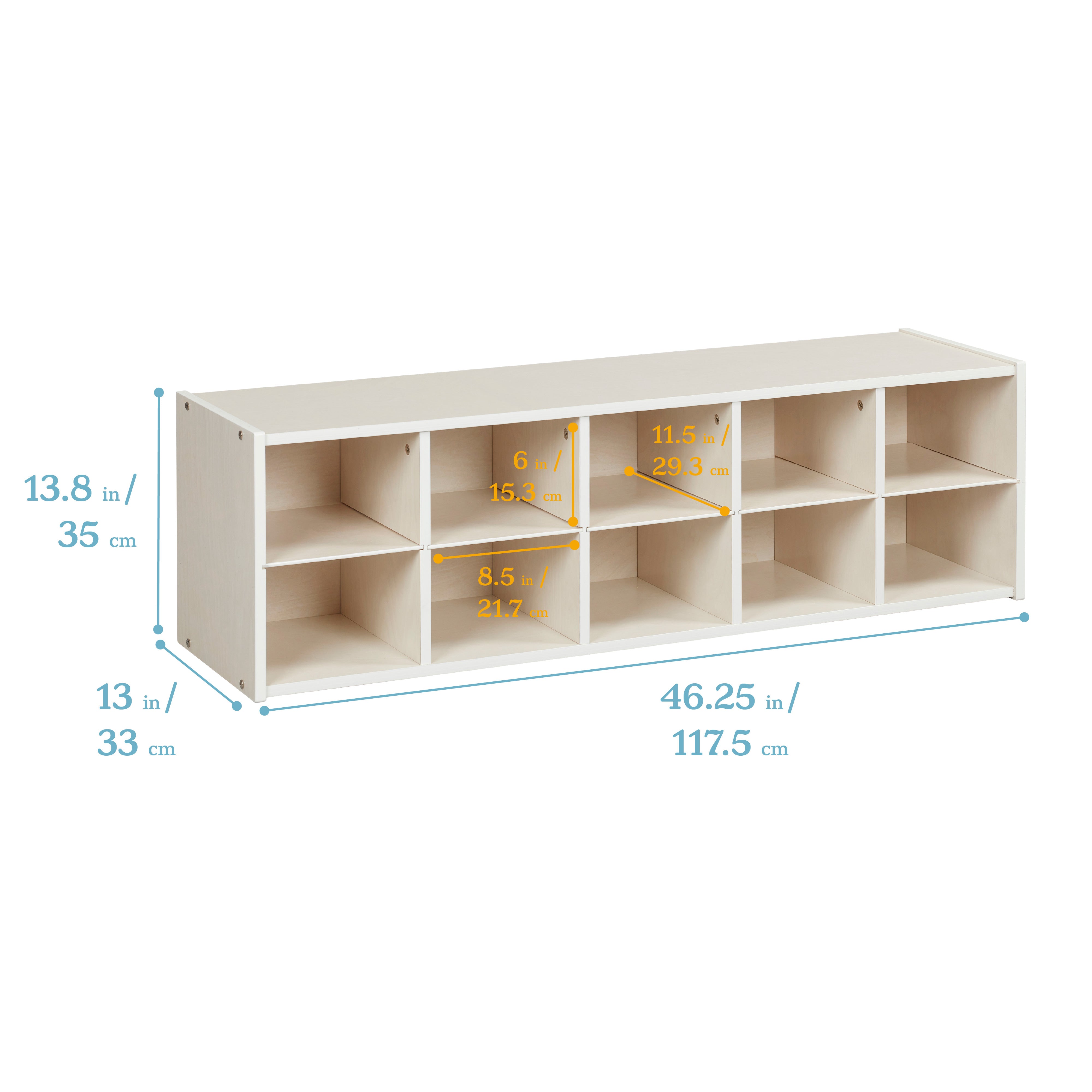 Streamline 10 Cubby Tray Cabinet with 10 Scoop Front Storage Bins, 2x5, White Wash