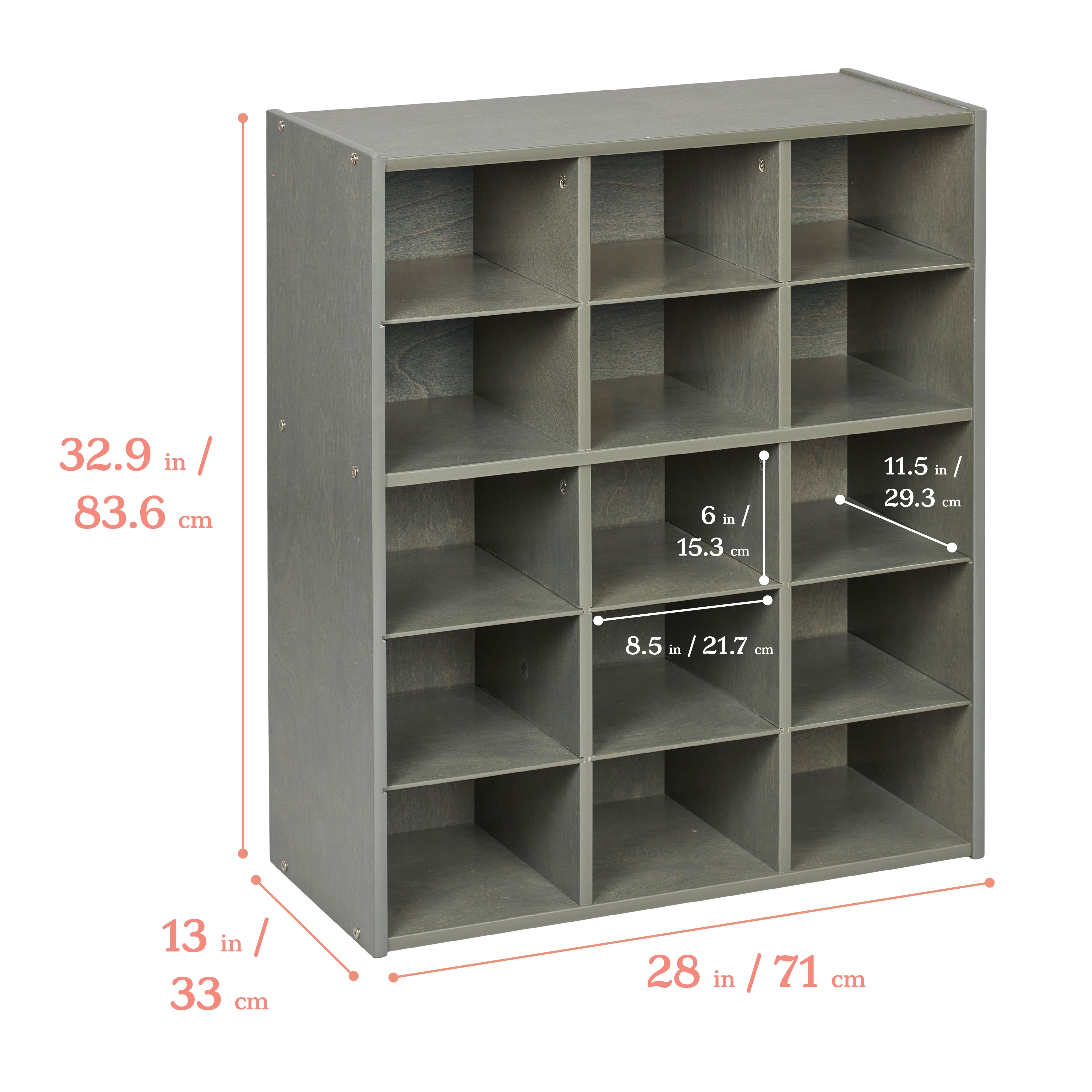 Streamline 15 Cubby Tray Cabinet with 15 Scoop Front Storage Bins, 5x3, Grey Wash
