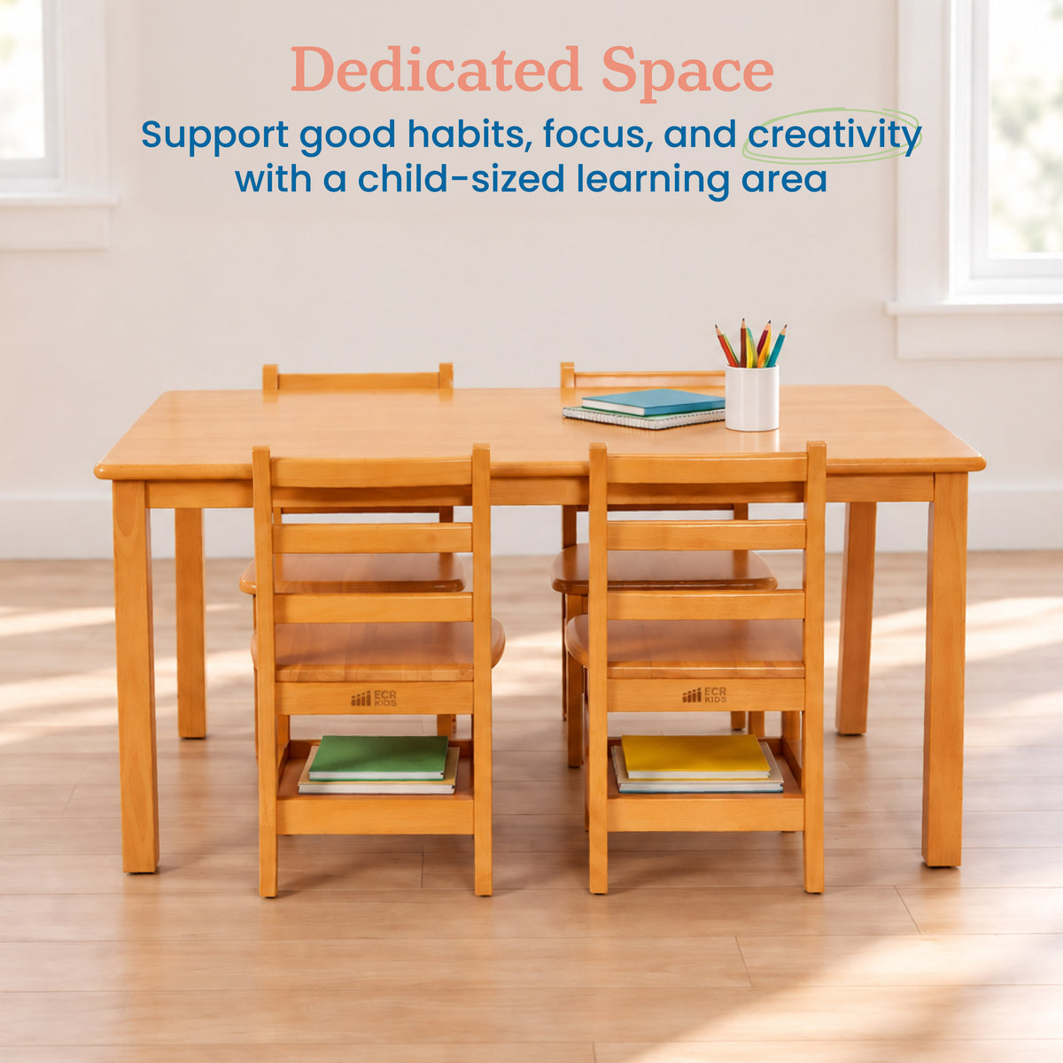 30in x 48in Rectangular Hardwood Table and Four Chairs with Storage, 12in Seat Height, 5-Piece