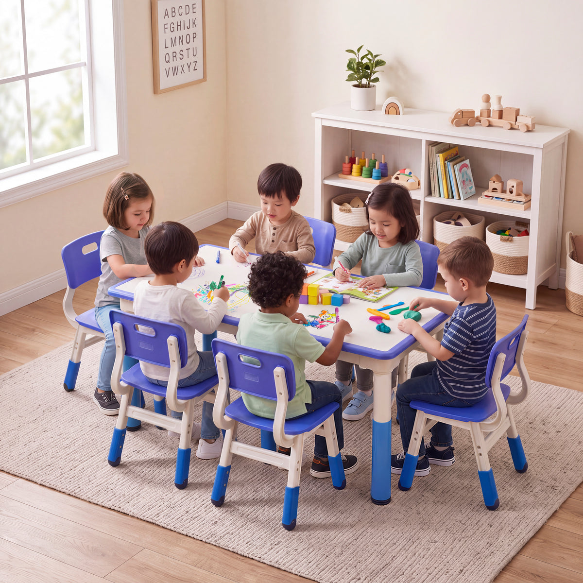 Dry-Erase Rectangular Activity Table with Six Chairs, 7-Piece